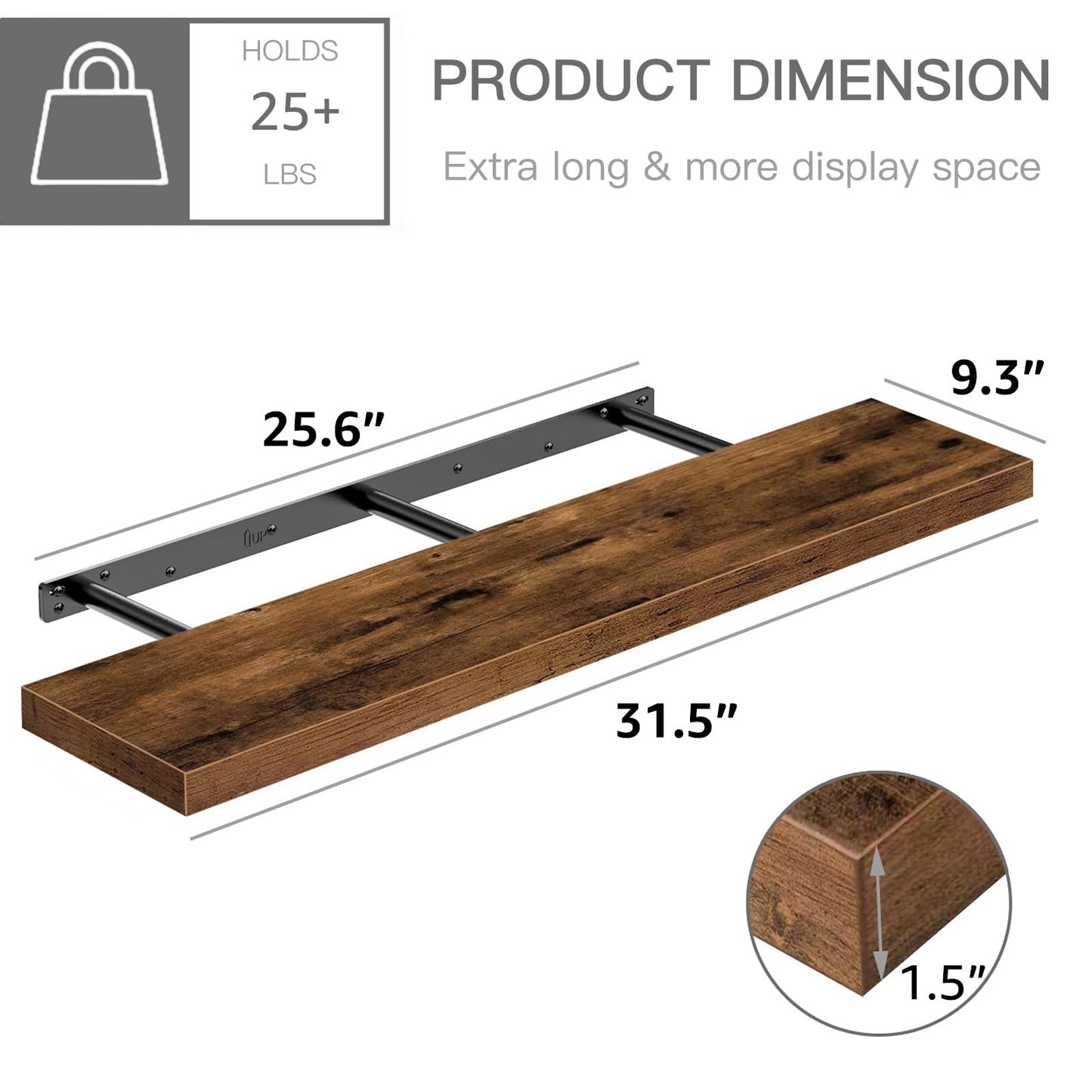 QEEIG Floating Shelves for Wall 31.5" Long - Wall Mounted Shelf Bathroom Kitchen Living Room Bedroom Farmhouse Home Decor Display Bookshelf Large 31.5 x 9.3 inch Set of 2, Rustic Brown (008-80BN)