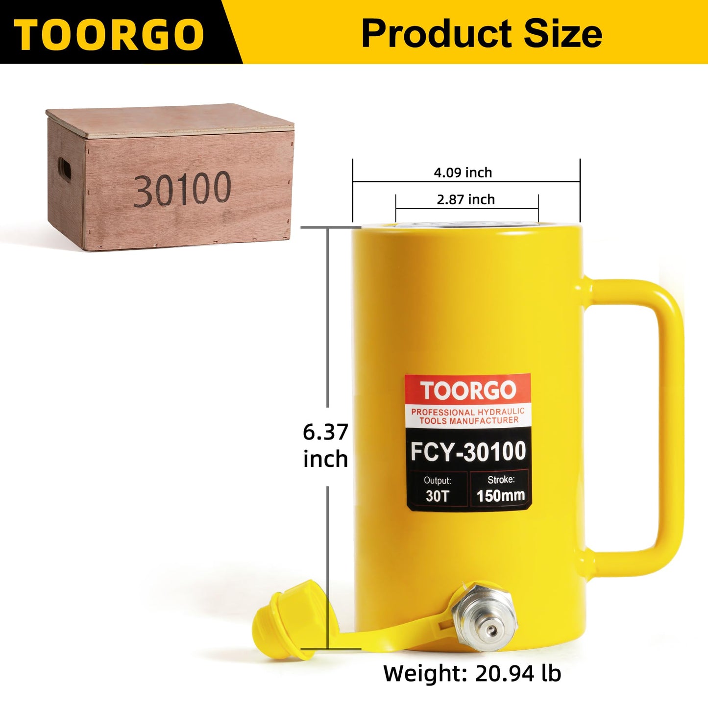 TOORGO 30T 4Inch Stroke Porta Power Single Acting Lifting Cylinder for Shipbuilding, Machinery and Industry,Automatically Retract Split Hydraulic Cylinders Jacks, Yellow