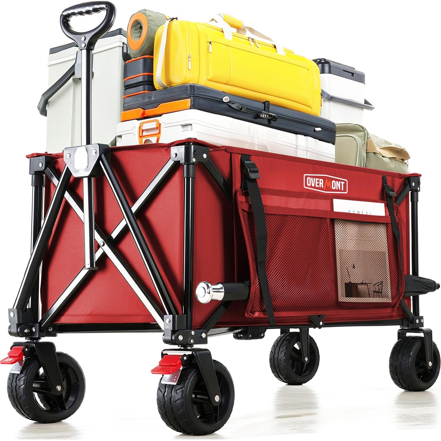 Overmont Collapsible Wagon Cart with Wheels - 180L Foldable Heavy Duty Wagon with Big All-Terrain Wheels - 360Lbs Weight Capacity with Side Pockets for Camping Sports Garden Grocery Shopping red