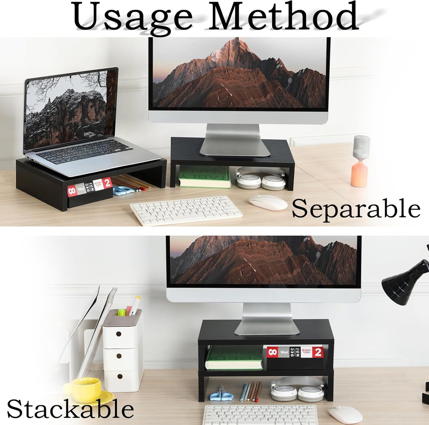 Riser-2 Pack, 2 2 TEAMIX Wood Monitor Stand Tier Adjustable Monitor Stand Dual Monitor Riser for Monitors/Laptop/PC