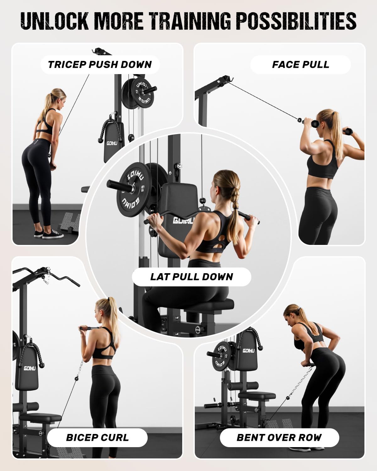 GOIMU LS01 LAT Pulldown Machine, LAT Row Cable Machine with AB Crunch, LAT Tower with Cable Row Attachment, 3 in 1 Pulley Stations for Home Gym(Black with 100lbs)