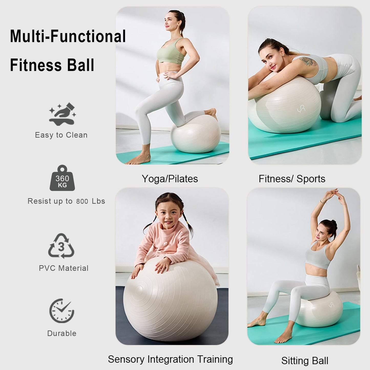 YR Exercise Ball 21.6'' Yoga Ball for Workout Pregnancy Stability, Anti Burst Fitness Ball for Home Gym & Office Chair, Core & Balance Training, Physical Therapy - White