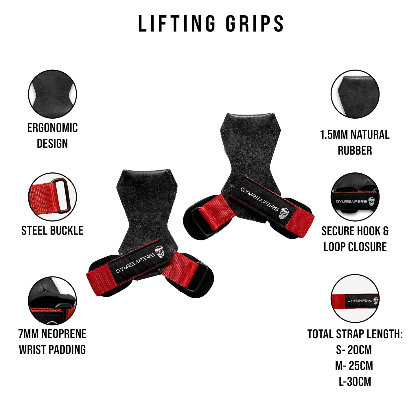 Gymreapers Weight Lifting Grips (Pair) for Heavy Powerlifting, Deadlifts, Rows, Pull Ups, with Neoprene Padded Wrist Wraps Support and Strong Rubber Gloves or Straps for Bodybuilding (Red, Large)