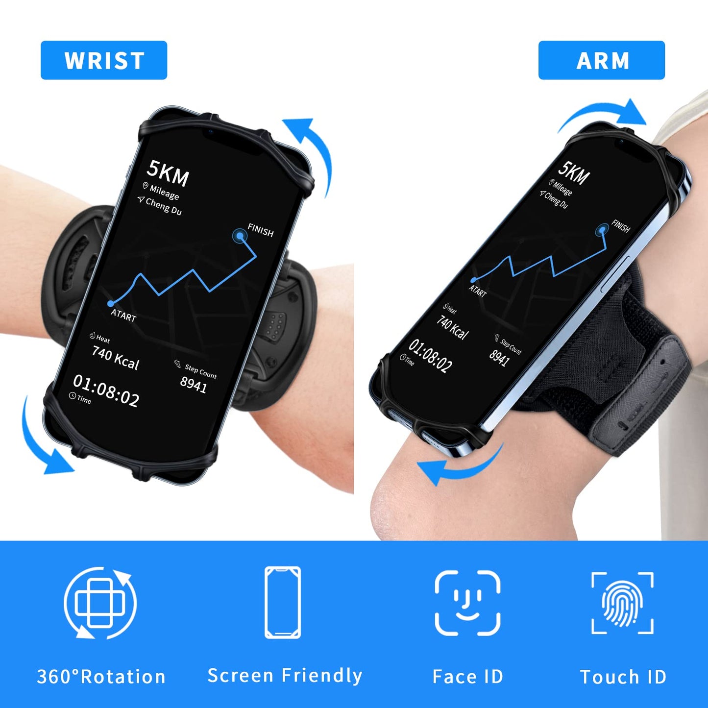 HLOMOM Running Phone Holder Armband for Phone, Detachable & 360°Rotated Sports Armband with Key Pocket for iPhone 17/16/15/14/13 Pro/12 Pro/XS/XR/8/7/6s Plus, for Samsung Galaxy 4''-6.5'' Cellphone