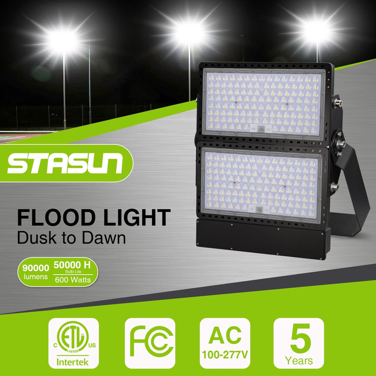 STASUN 600W 90000LM LED Flood Stadium Light with Photocell, 100-277V Dusk to Dawn Outdoor Lighting, 5000K Daylight, IP67 Waterproof, ETL Certified for Sport Courts Arena Parking Lot
