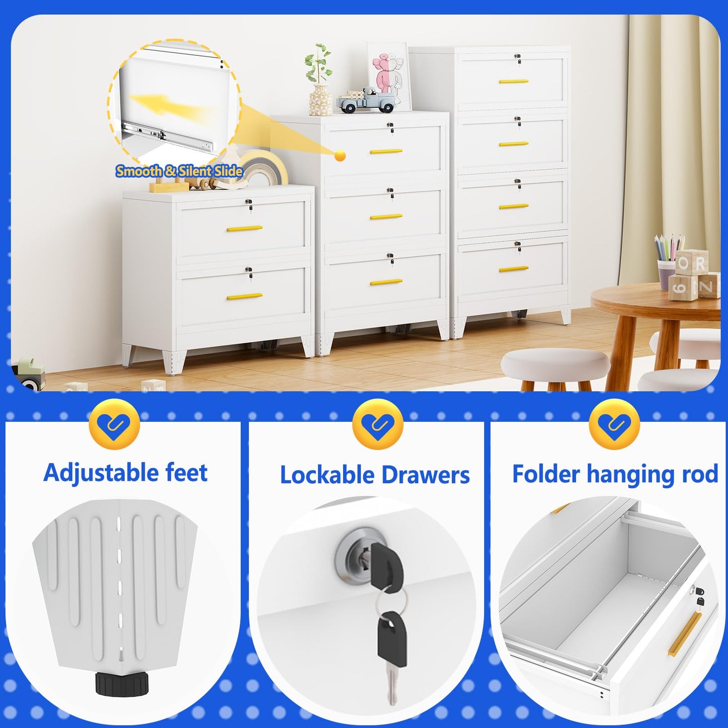 GAIOUS 3 Drawer File Cabinet with Lock, Metal Lateral Filing Storage Cabinet for Office Home, Steel Vertical File Cabinets for A4 Letter Size Documents, White Locking File Drawer, Assembly Required