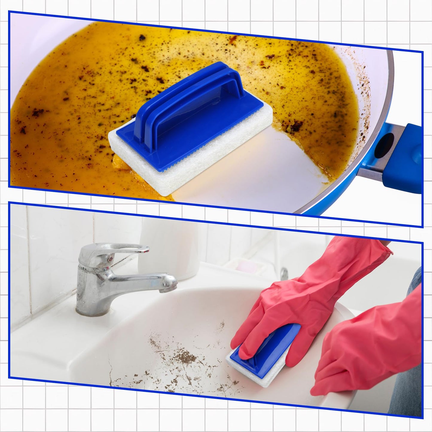Maxdot 18 Pcs Handled Bath Scrubber Set, 15 Bathroom Scouring Pad 3 Bathtub Scrubber with Handle Non Scratch Soap Scum Remover for Cleaning Sink Shower Tile Swimming Pool Step Corner(Blue and White)