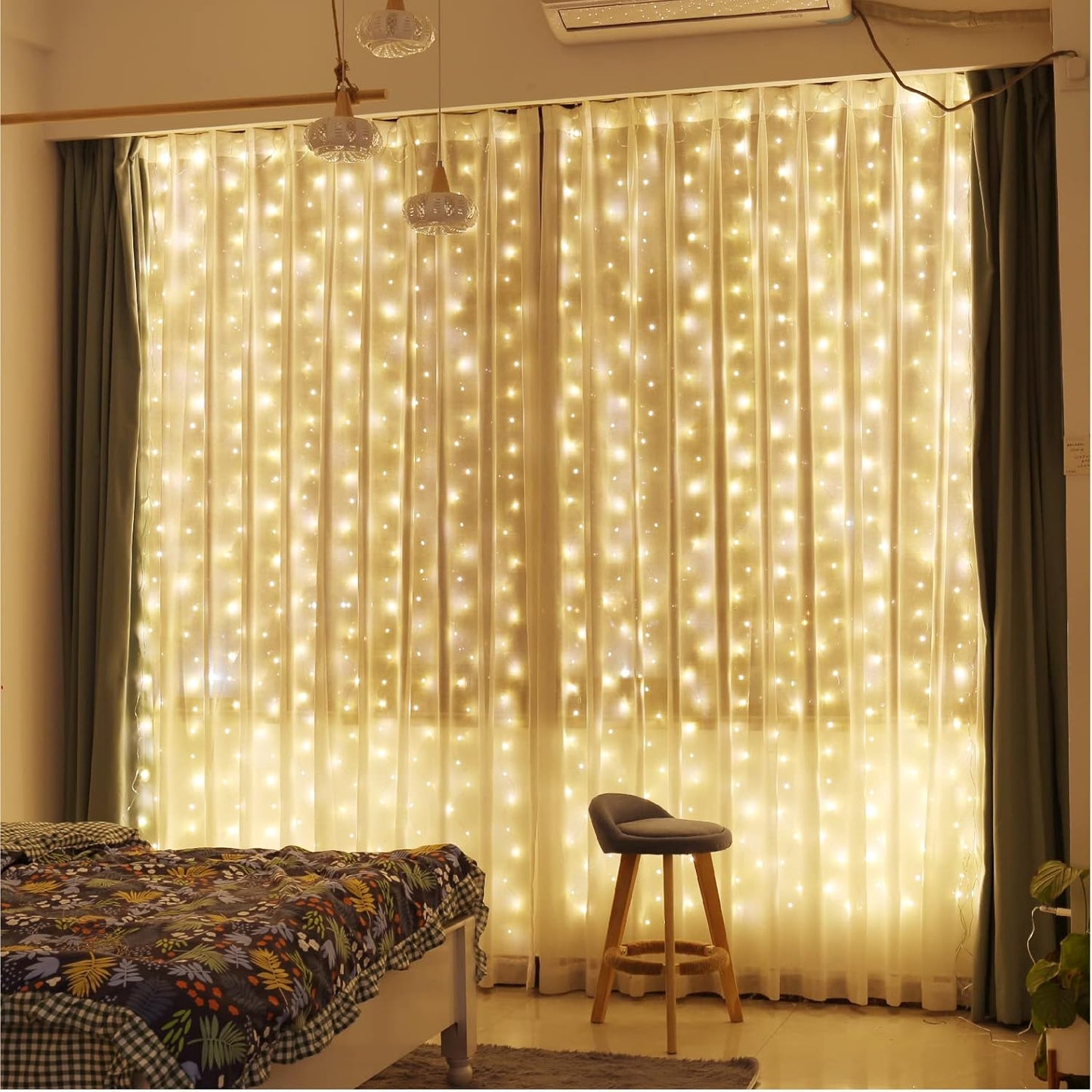 ZSJWL 300 LED Curtain Fairy Lights - Remote Control, 8 Modes, 9.8x9.8 Ft, Warm White Twinkle Lights for Bedroom & Events