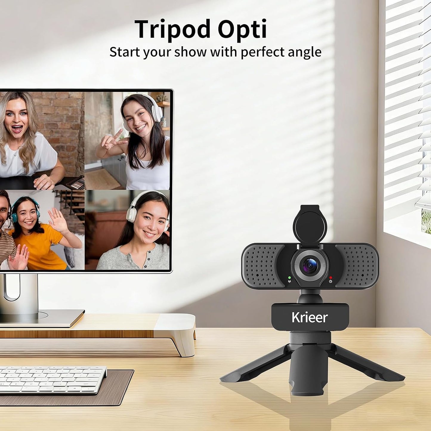 Krieer 1080P HD Webcam with Dual Mics Autofocus, Noise Cancellation, Wide-Angle, Auto Light Correction, Privacy Cover