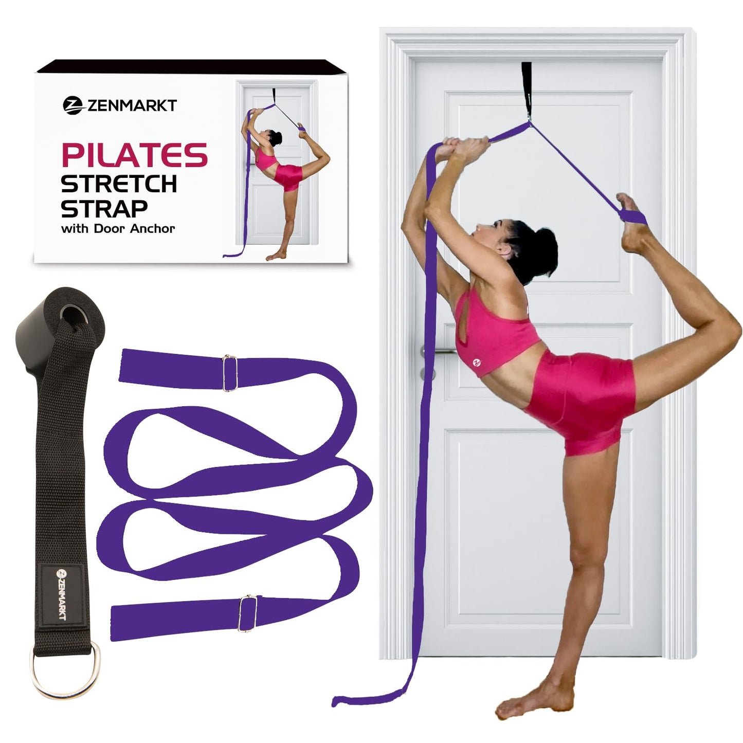 Pilates Stretching Strap with Door Anchor - Flexibility Equipment for Pilates Practitioners - Ideal for Improving Leg Flexibility, Core Stability, and Posture Alignment at Home (Purple)