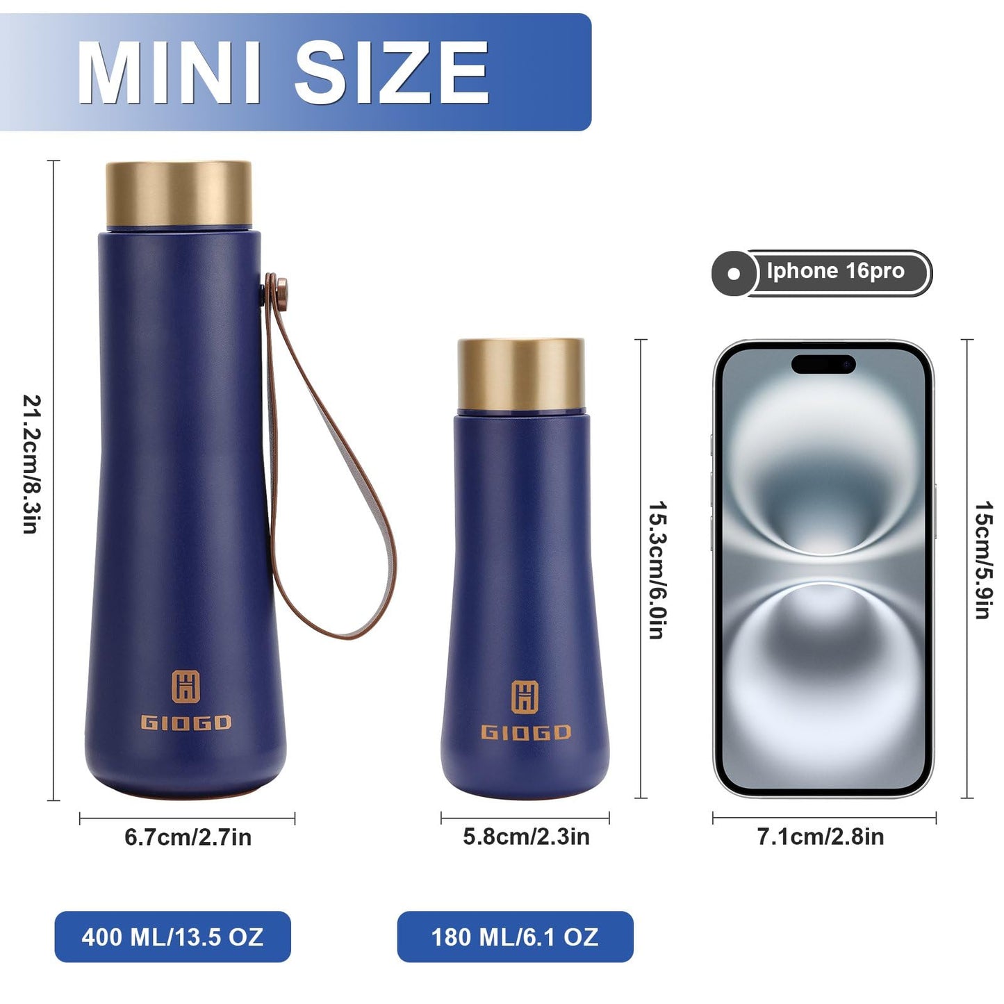 Small Thermo Bottle Slim Mini Vacuum Insulated Water Bottle 180ml/6.1oz Water Flask Stainless Steel Thermal Water Bottles Thermo for Hot and Cold Drinks Perfect for Purse or Kids Lunch Bag(Blue)