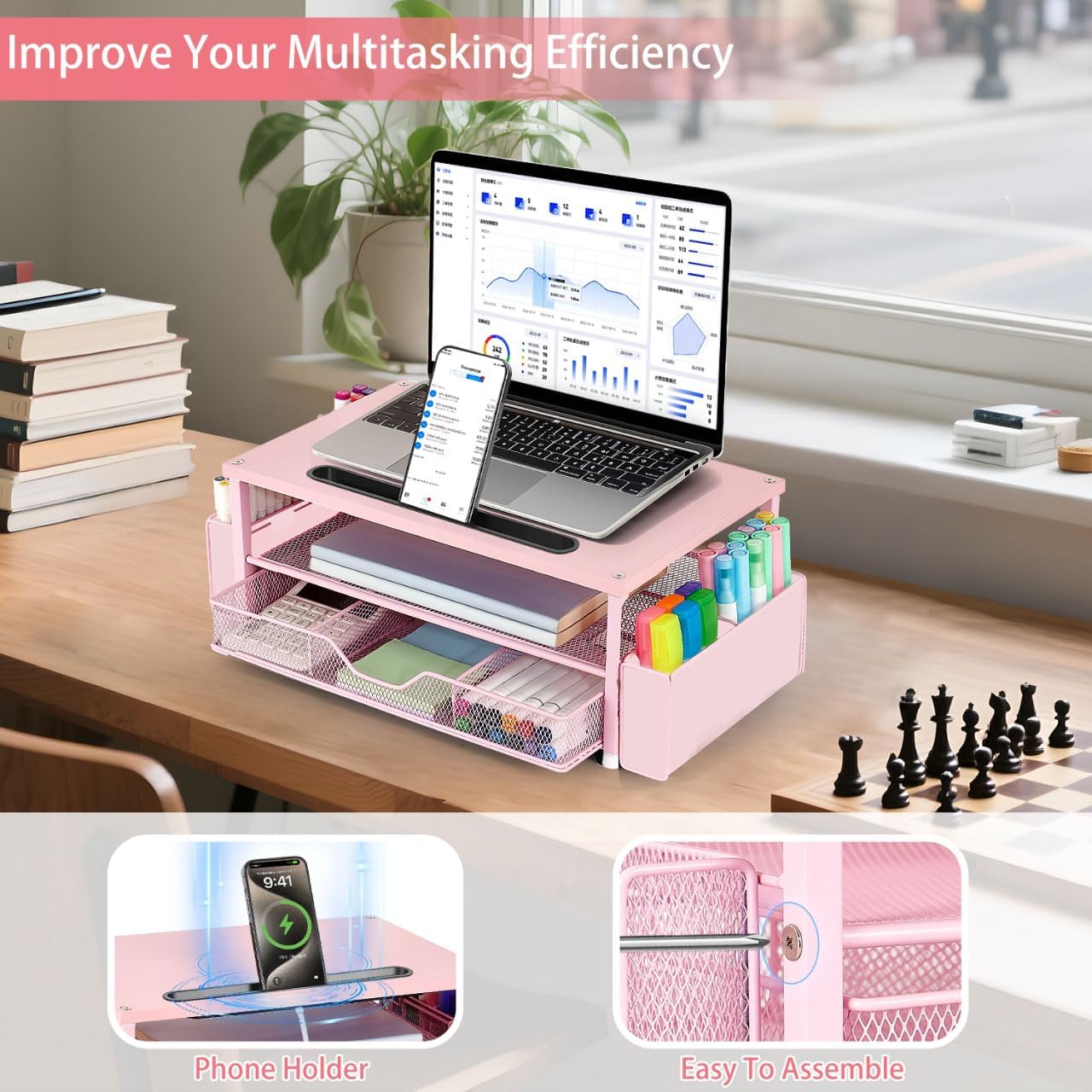 2-Tier AUPSEN Pink Desk Organizers and Accessories, Wood Computer Monitor Stand with Drawer, Pen Storage & Phone