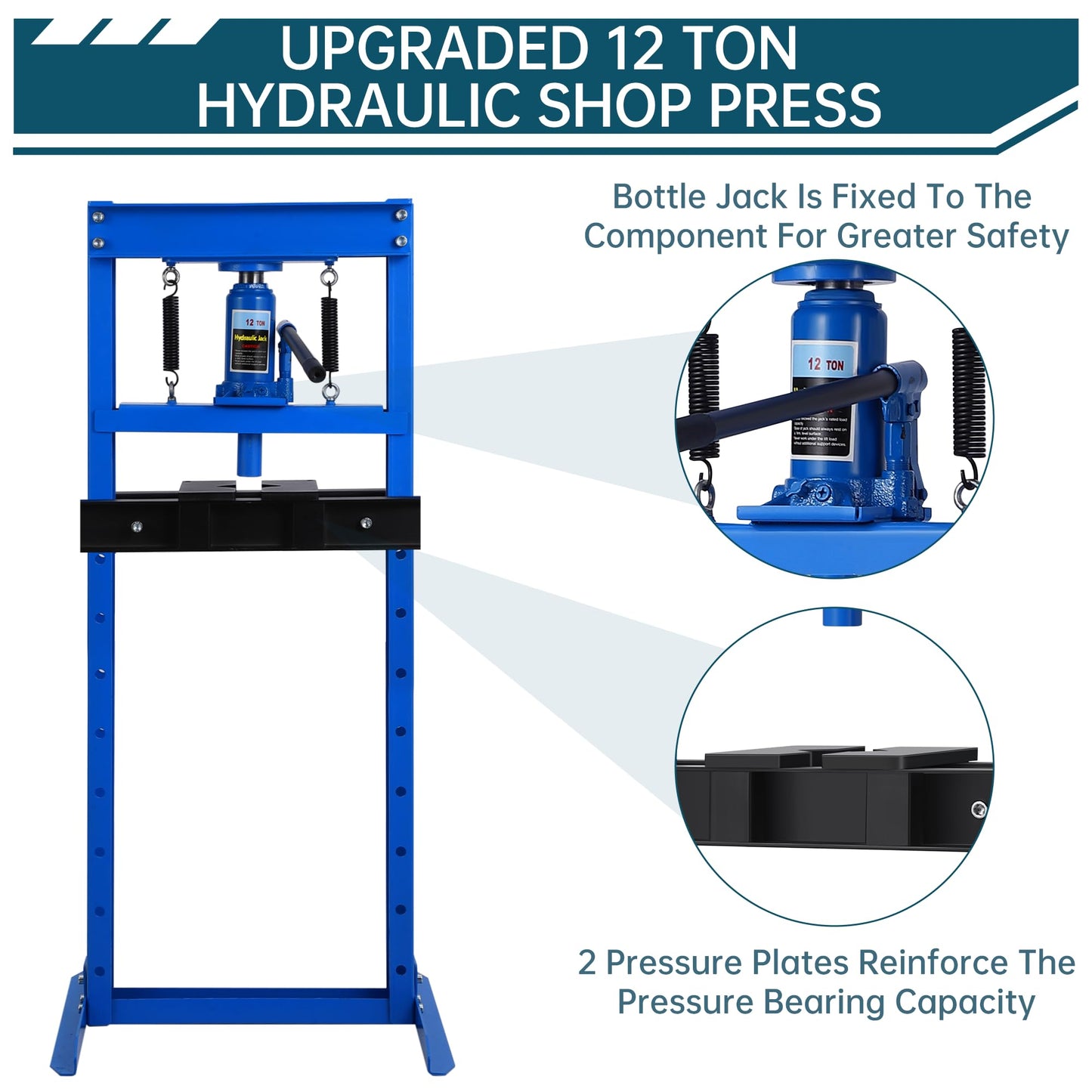 Garvee 12T Hydraulic Press, H-Frame Hydraulic Shop Press with 2 Press Plates, Heavy Duty Garage Floor Shop Press with Adjustable Work Table Height for U-Joints, Blue