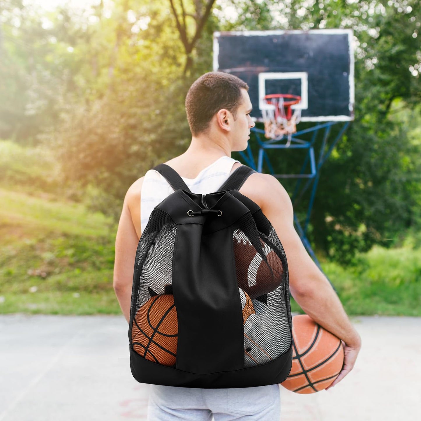 Nagpew Large Ball Bag, Mesh Sport Bag with Adjustable Double Strap, Drawstring, Heavy-duty Soccer Organizer Beach Toy Storage for Football, Basketball, Volleyball, Training