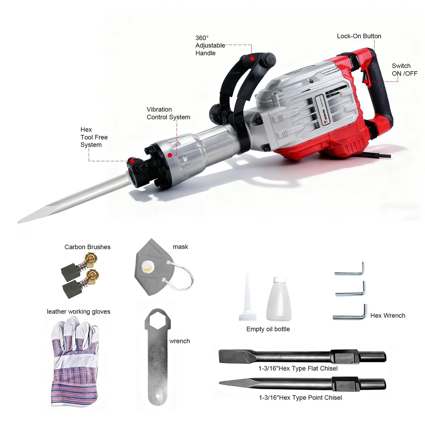 JKCHENPRO Heavy Duty Demolition Jack Hammer – Max 3500W, 1900 BPM Electric Concrete Breaker with 60J Impact Force, Includes 2 Chisels for Trenching, Breaking Holes & Construction Work