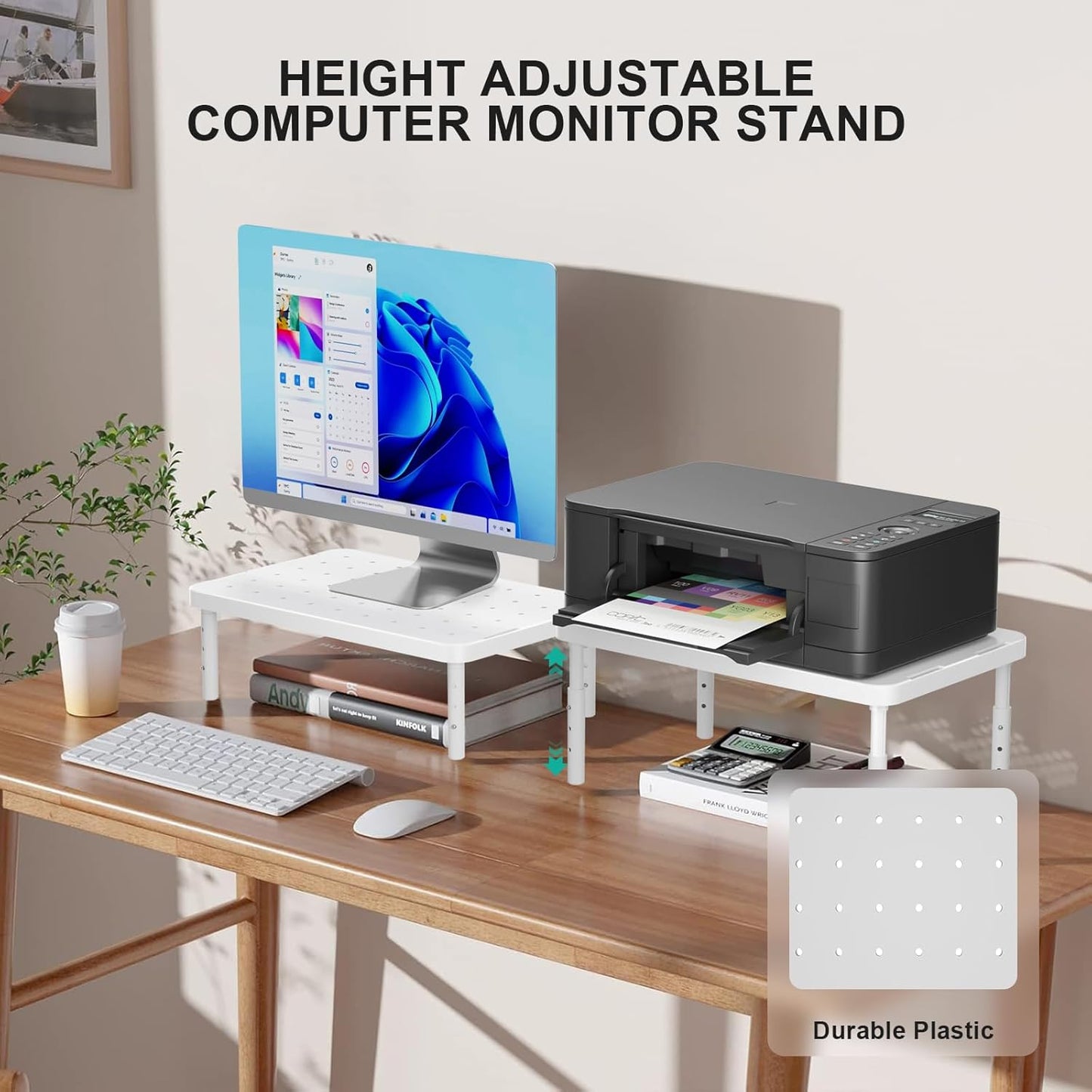 (PTT001-W), 1 Pack, WALI Computer Monitor Stand for Desk, Adjustable Laptop Riser, Desk Monitor Stand Underneath
