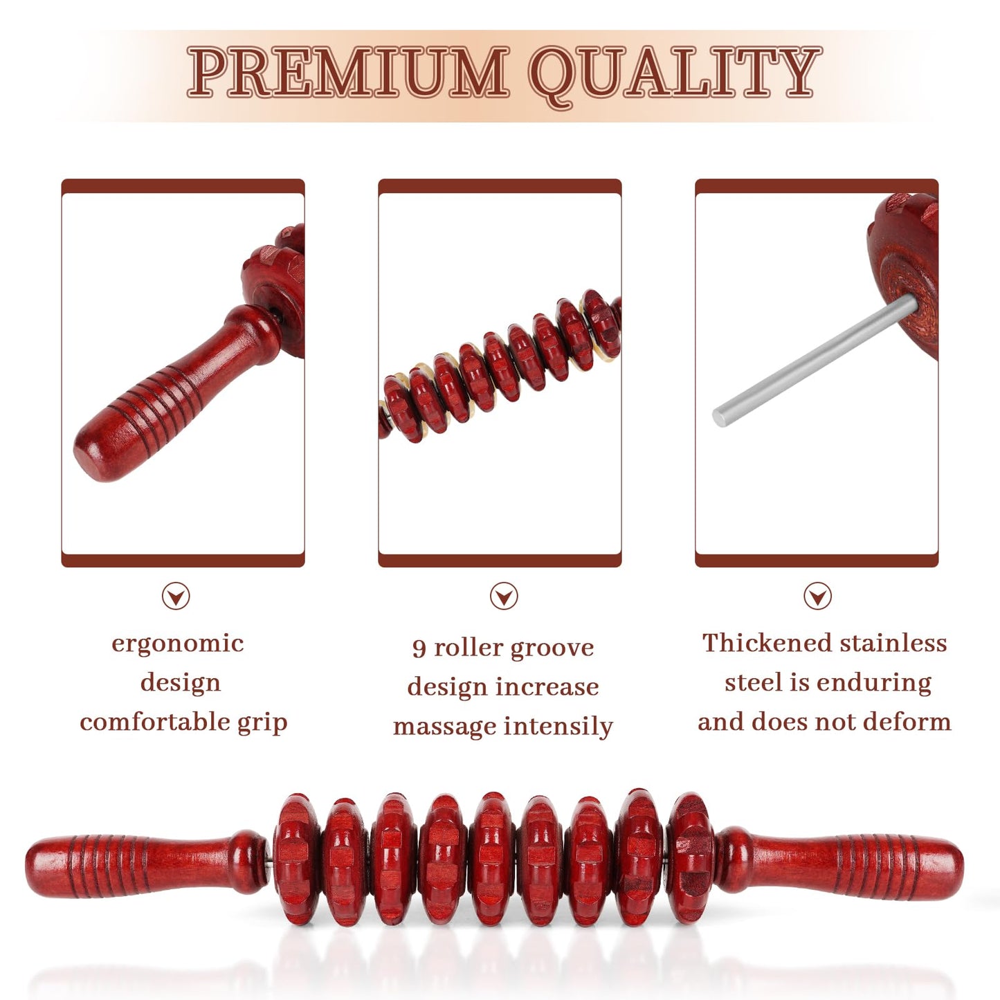 Liitrton Manual Wooden Fascia Massage Roller Trigger Points for Release Cellulite Sore Muscle Blasting (Red straight-9-Wheel)