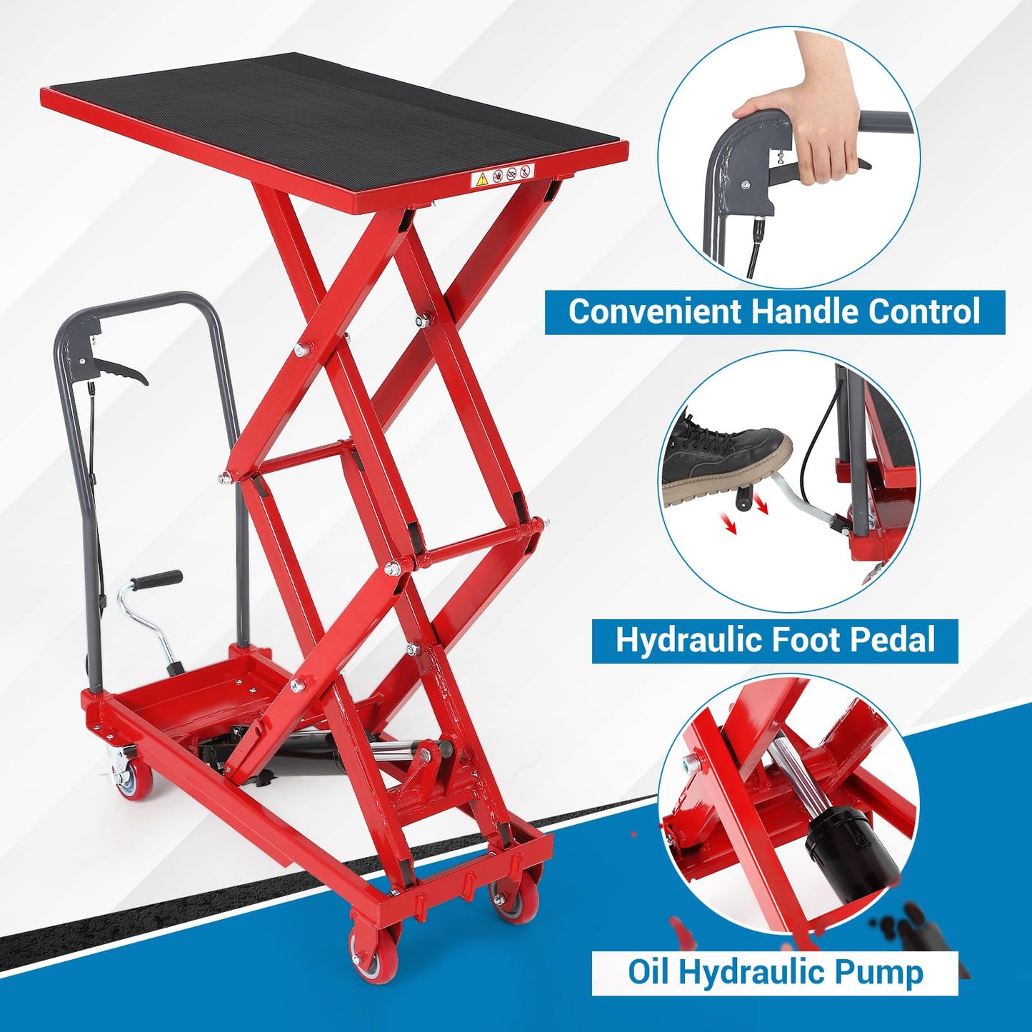 Hydraulic Lift Table Cart, 770lbs Capacity 50" Lifting Height Hydraulic Table Cart, Double Scissor Lift with Non-Slip Pad for Material Handling and Transportation, Red