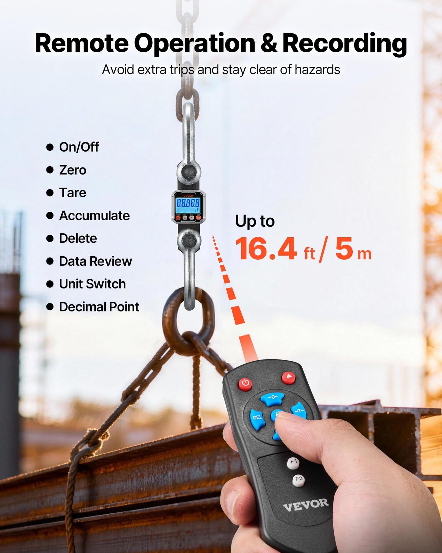 VEVOR Digital Crane Scale, 22000 lbs/10 T Max Capacity, Heavy Duty Industrial Hanging Scale with Cast Aluminum Case & LCD Display, 5 lbs Division & 3 Unit Switch, Remote Control for Garage Factory