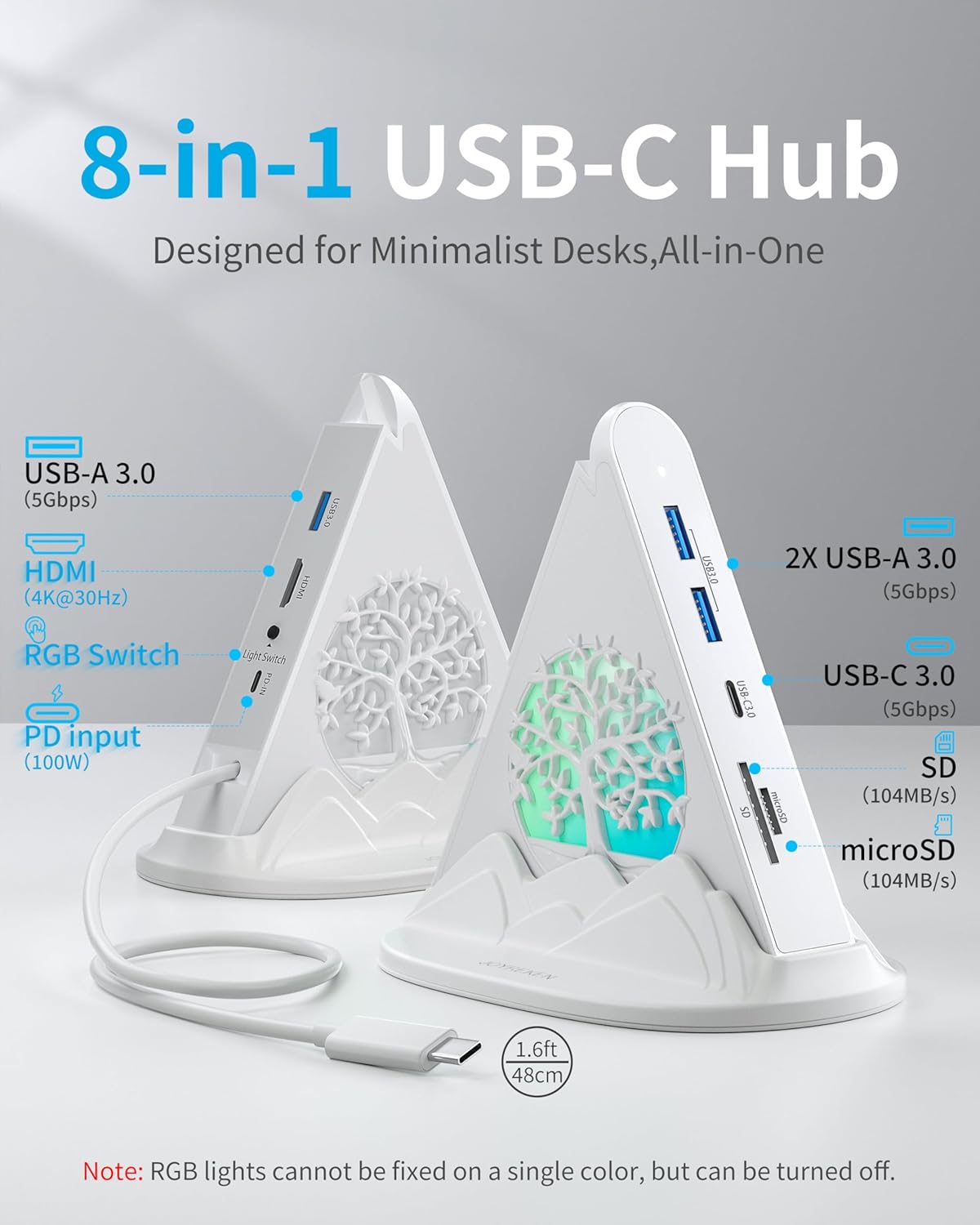 JoyReken 8 1 4K 100W 5Gbps 3.0, 3xUSB 3.0, USB C Hub, White in USB C Hub Multiport Adapter with HDMI, Power Charging