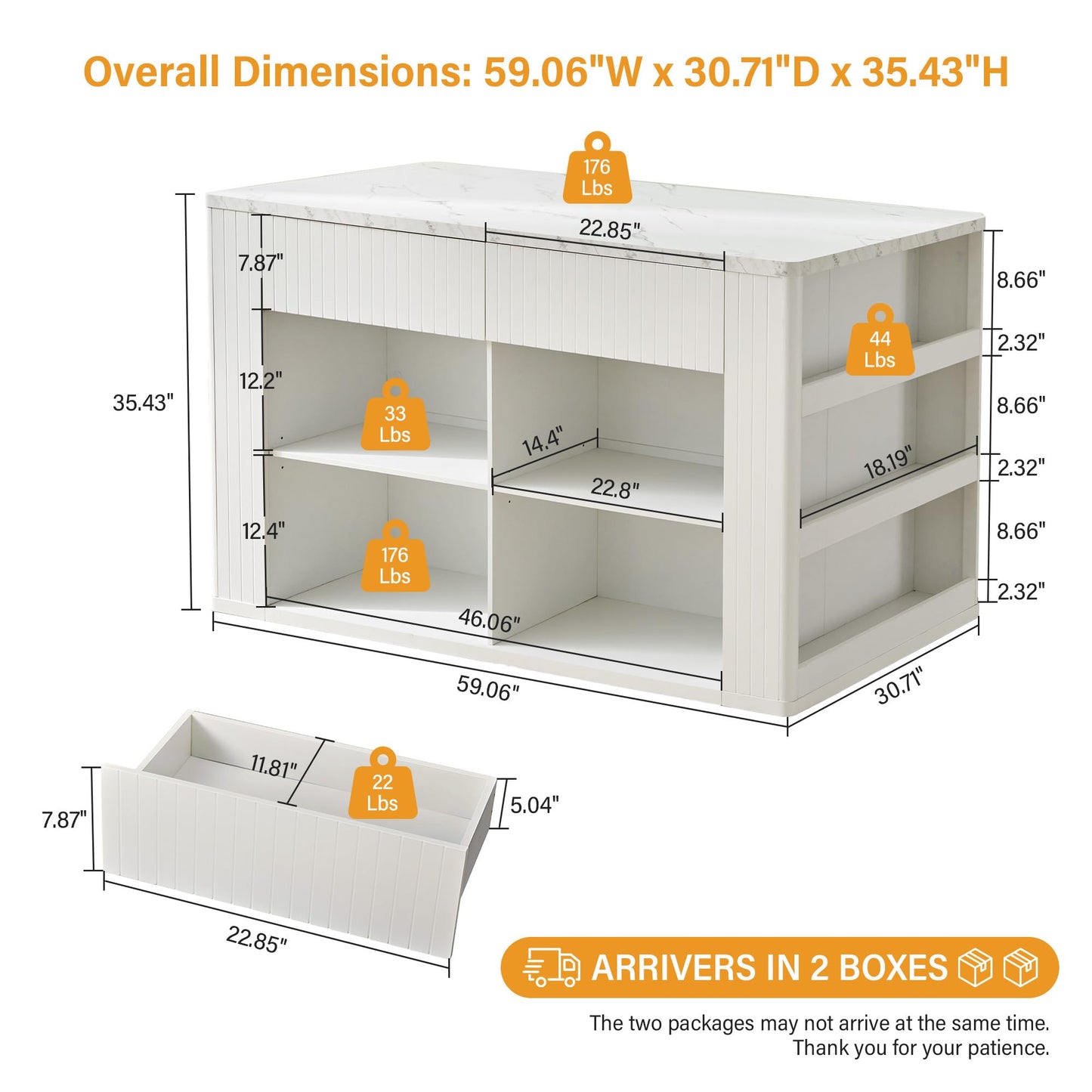 59" Kitchen Island with Storage & Seating for 2, Modern Stationary Kitchen Island with Faux Marble Top, 2 Drawers, Open Shelves & 5 Hooks, Counter Height Prep Table for Dining & Kitchen (White)