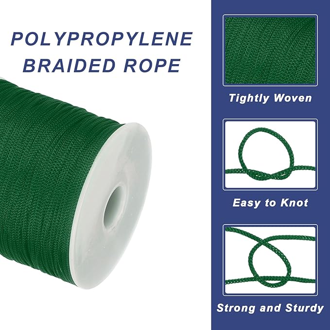 MECCANIXITY 1/16 Inch Polypropylene Rope Braided Ropes, 328ft Nylon Rope Hollow Utility Cord for Clothesline, Camping, Hiking, Outdoor, Dark Green