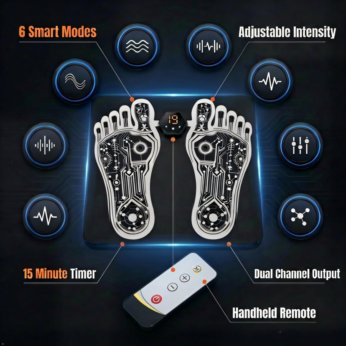 OKJY EMS Foot Muscle Stimulator & TENS Machine for Pain Relief - Helps Neuropathy, Plantar Fasciitis & Circulation - Portable Folding Mat with Remote for Elderly, Office Workers & Home Use