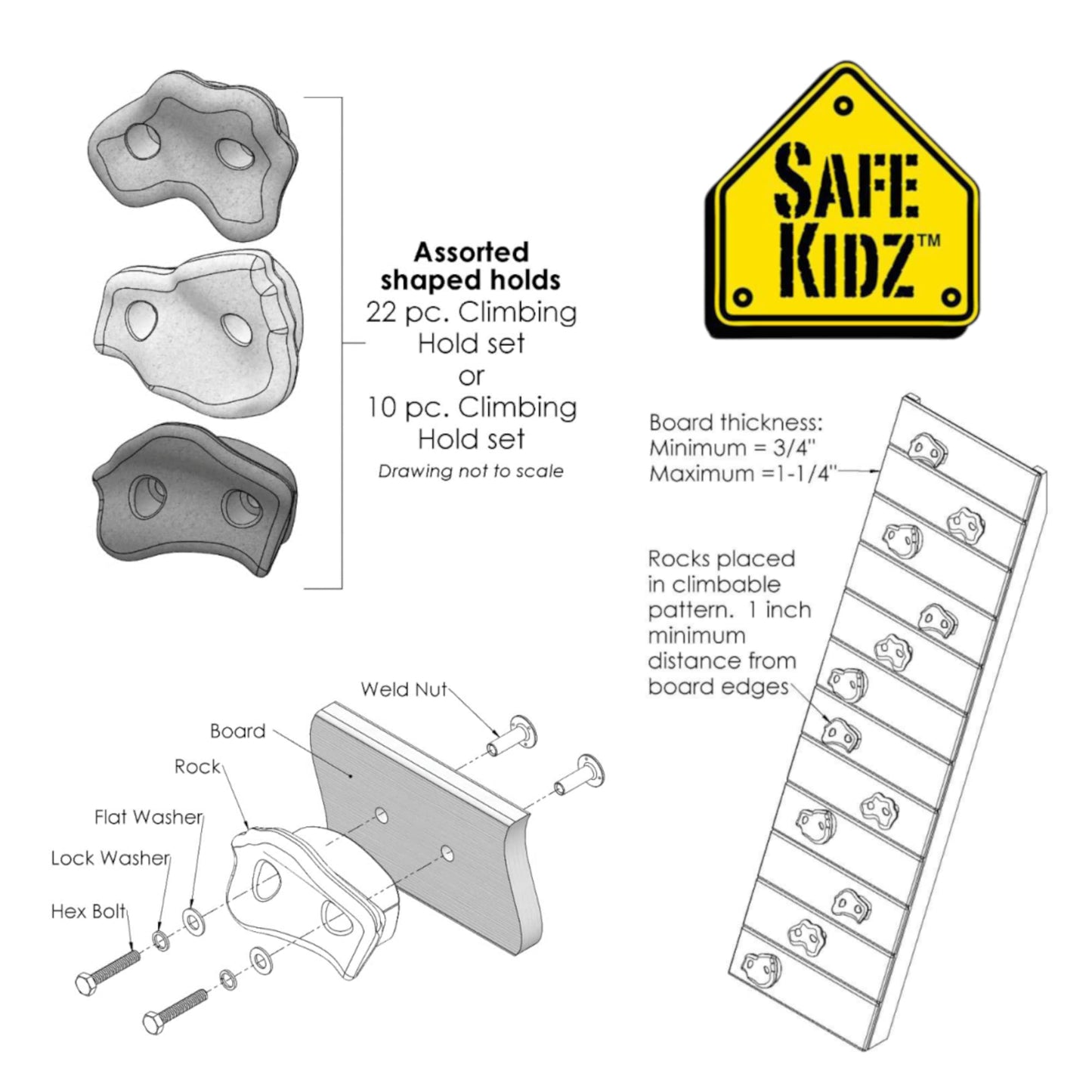 Safe Kidz 22 Assorted Deluxe Rock Climbing Holds for Kids - Outdoor Climbing Stones Kit with 44 Swing Safe Fasteners + Drill Bit Easy to Install on Lumber from 3/4" to 1.25" Thick