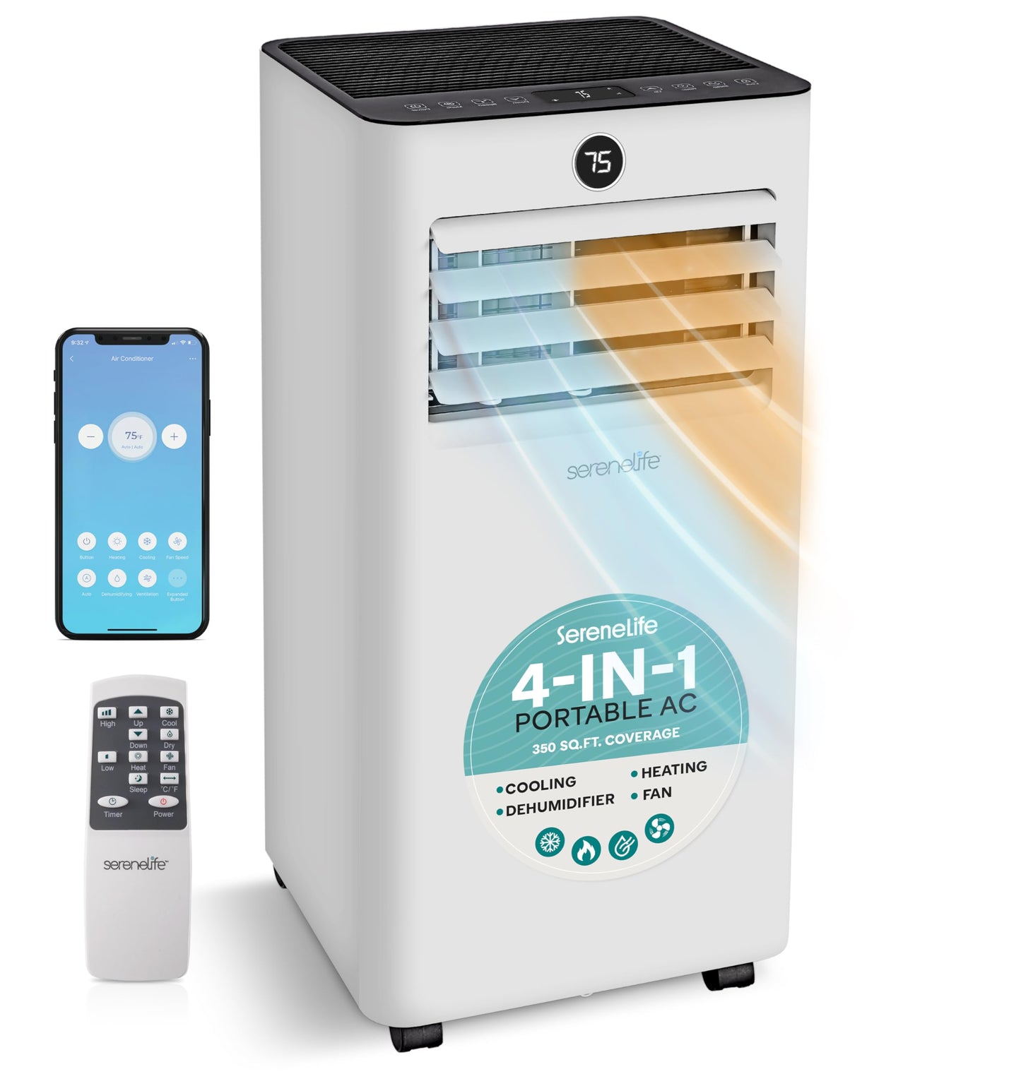 SereneLife 8000 BTU Portable Air Conditioner & Heater with WiFi, 4-in-1 Cooling, Heating, Fan & Dehumidifier, 24-H Timer, Covers 350 Sq Ft, for Bedroom, Home & Office, Includes Window Kit & Remote