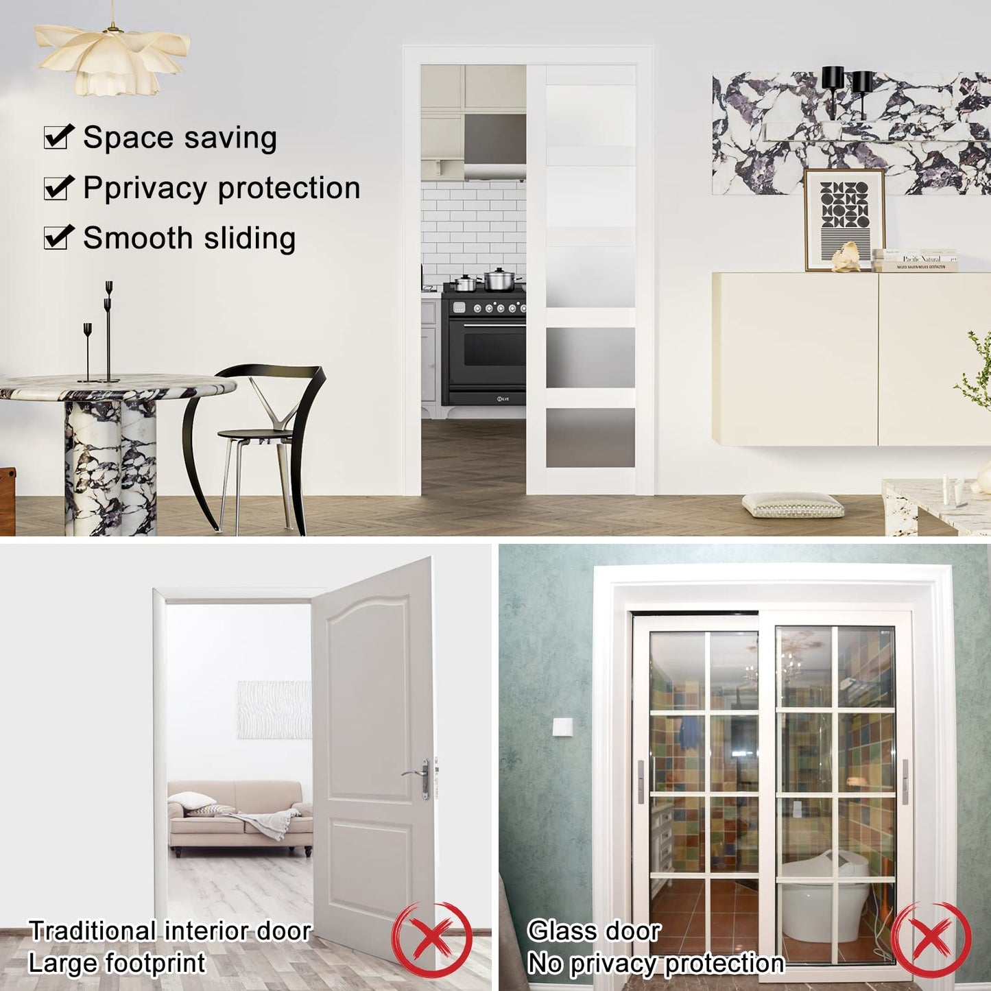 ARKHJEM 24"×80" Sliding Pocket Door, 5 Panel Glass Sliding Door, Single Panels for Closets & Interiors, Hardware Include, Need to Assemble, White