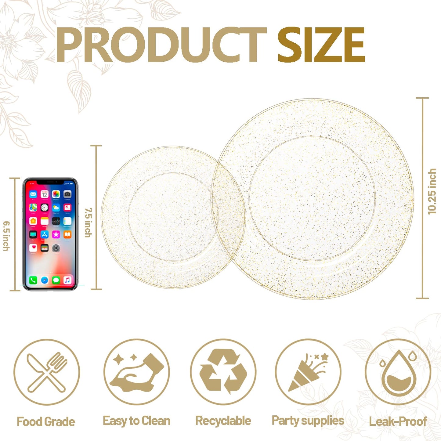 WDF 120PCS Gold Plastic Plates- Disposable Gold Glitter Plates, Premium Heavy Duty 60-10.25" Dinner Plate and 60-7.5" Salad Plate for Wedding Baby Shower Spring Birthday