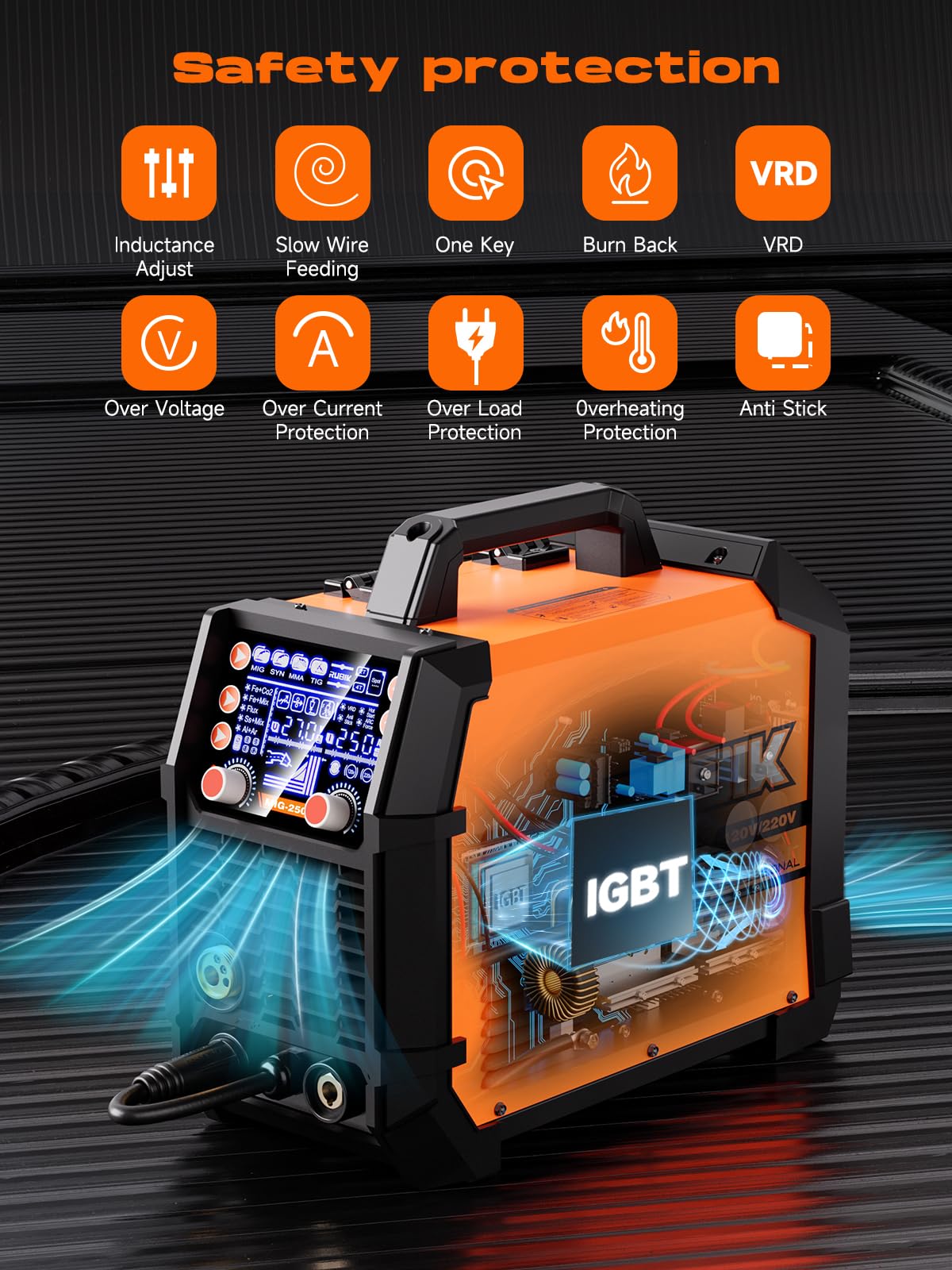 RUBIK Aluminum MIG Welder 250Amp, 5 in 1 MIG/Stick/Lift TIG Welder Gas Gasless Digital MIG Welder 110V/220V Dual Voltage LCD Display Welding Machine, Professionals Multi Process Welder