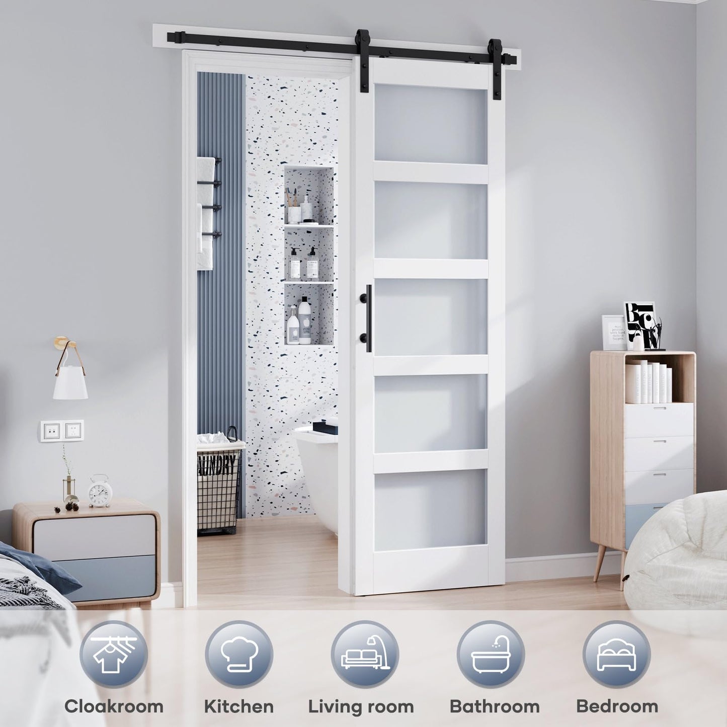 ROYMELO 32x96 Inch Glass Sliding Barn Door Slab and 5.5ft Hardware Kit Included, 5 Frosted Glass, LVL Wood Panel Covered with White Water-Proof Scratch-Proof PVC Surface, Simple DIY Assembly