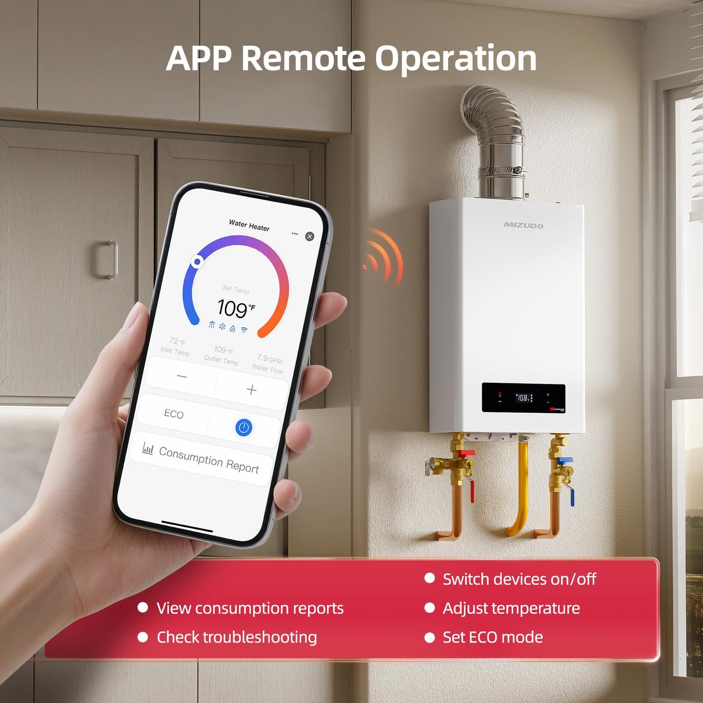MIZUDO 180,000 BTU Natural Gas Tankless Water Heater Indoor Installation, Max 7.9 GPM, WiFi&APP Control CSA Certified Non Condensing High Efficiency for Large Families Residential Whole House