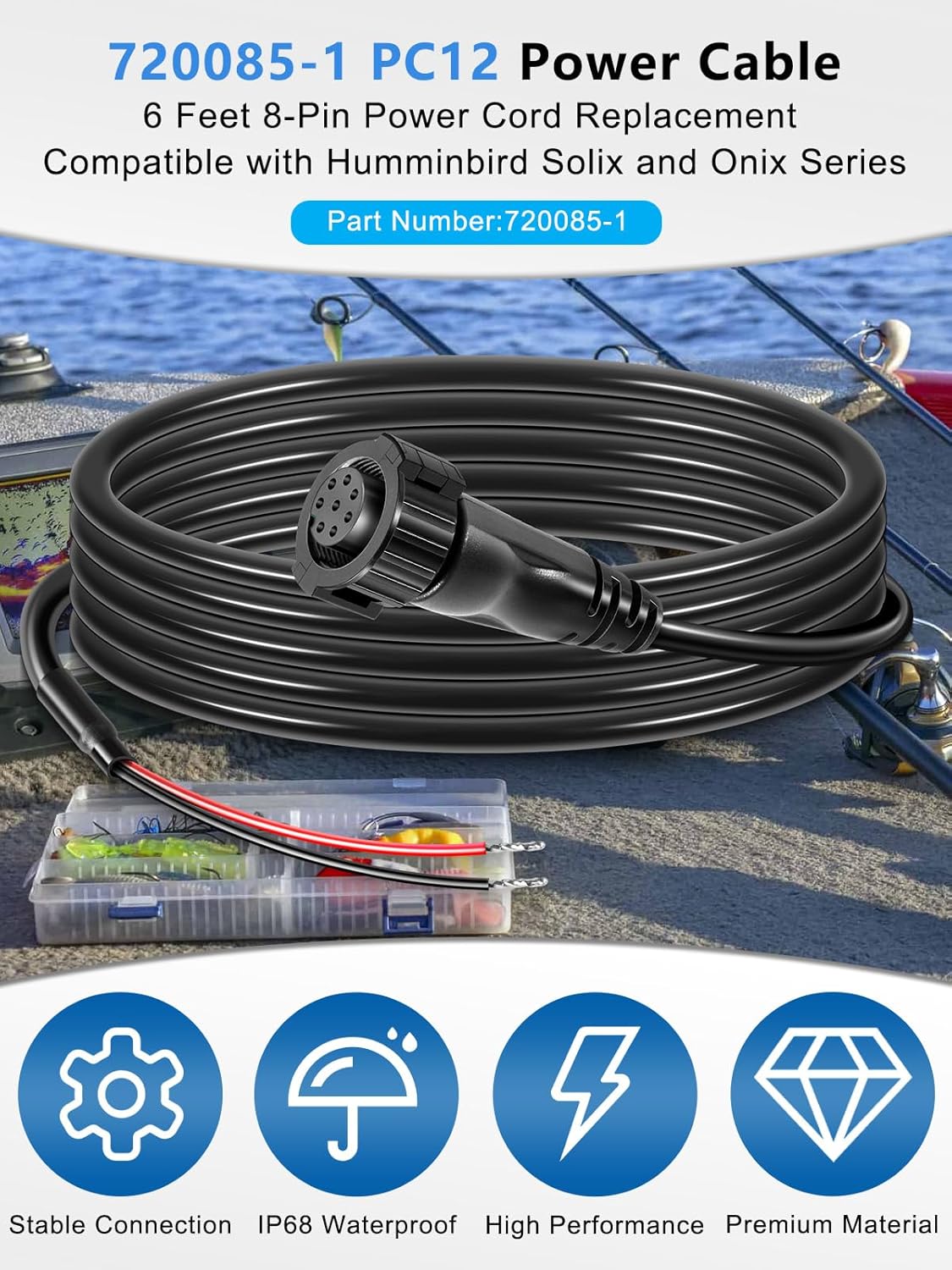 yourour 720085-1 6 PC12 8-Pin Humminbird Power Cable Feet, Power Cord Compatible with Solix and Onix Series All Models