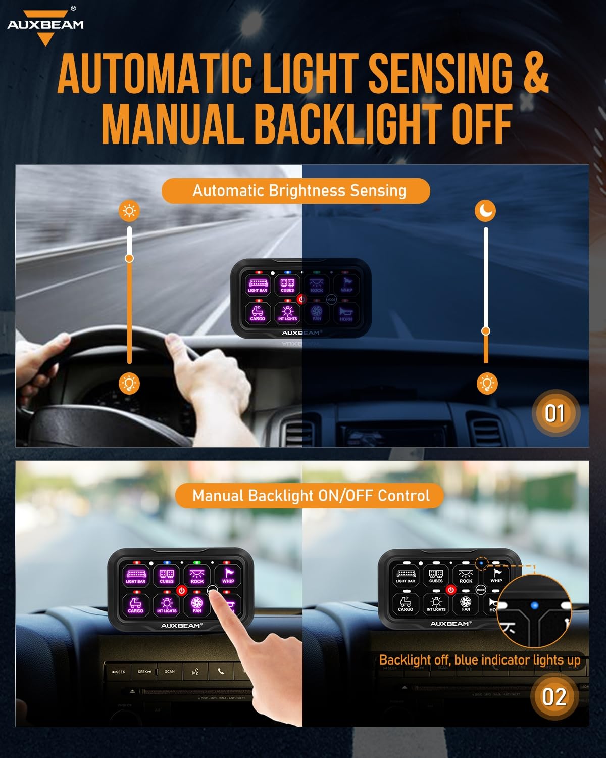 Auxbeam 8 Gang Switch Panel RC-800 RGB Wireless Remote Control Range Up to 165FT Multifunction Switch Pod 3 lighting modes with Backlit Off and Auto Dimmable for RV Offroad Waterproof 3 Years Warranty