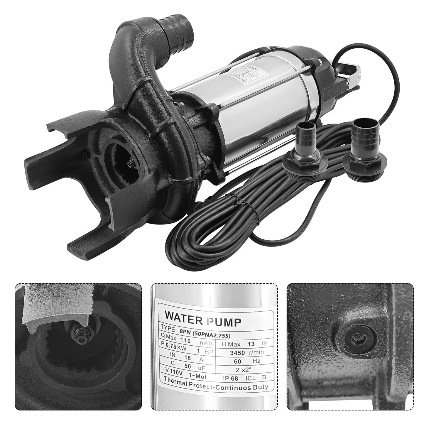 115V 1 HP 50PN2.75S 8PN Submersible Pump with Auto Float Switch 8-PN 6600GPH 110GPM Dewatering Sewage Sump Pump Stainless Steel w/ 2" 1.5" 1" Discharges 50PNA2.75S