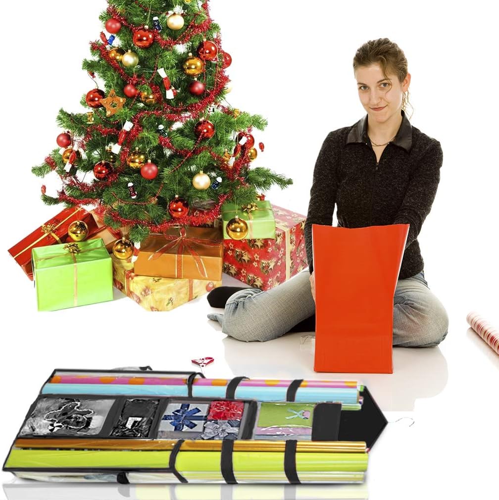 ProPik Wrapping Paper Storage Organizer - Double-Sided Design with Multiple Pockets | 40" x 17" Clear PVC Bag (Black)