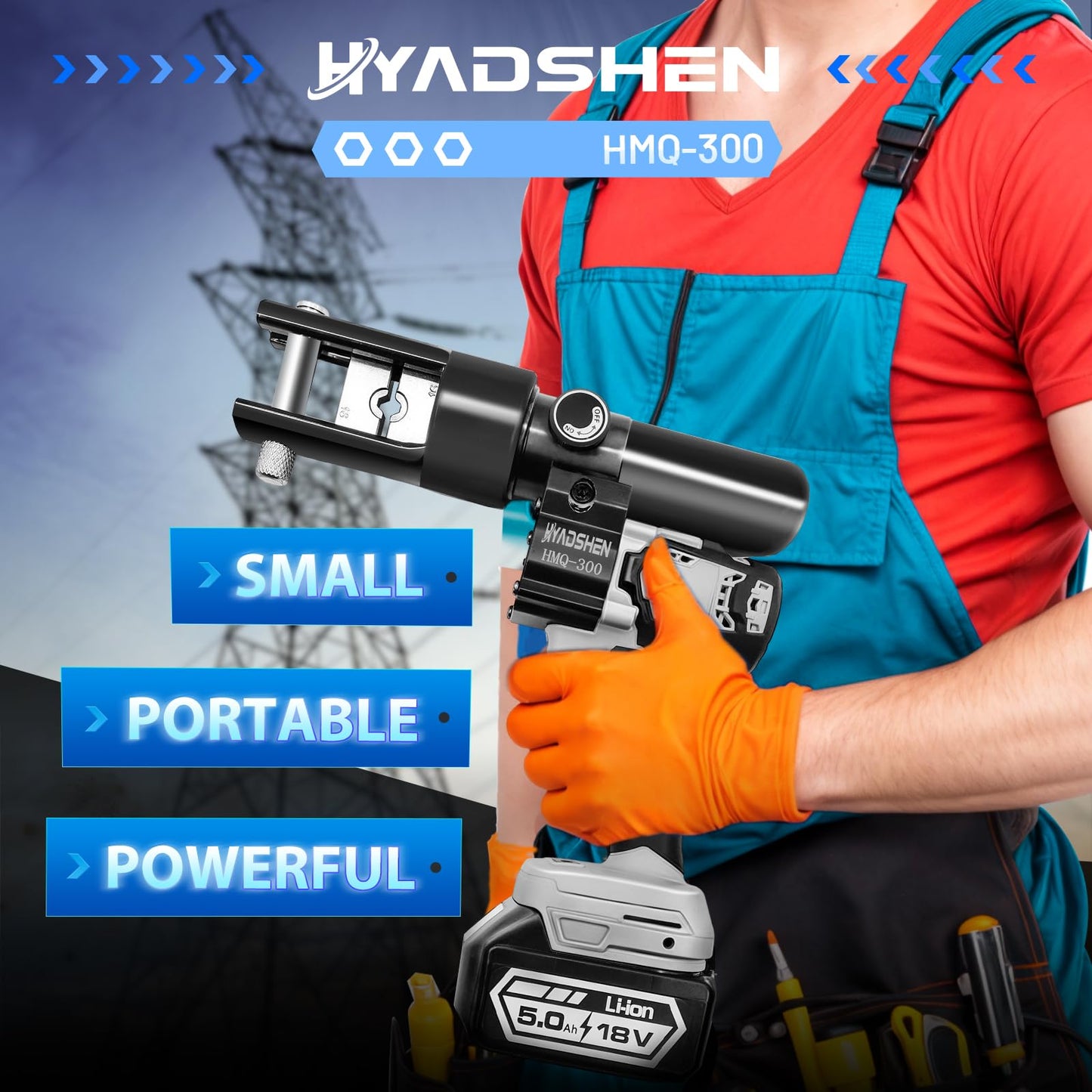 HYADSHEN Electric Hydraulic Cable Lug Crimping Tool, Hydraulic Electrical Terminal Cable Lug Wire Crimper Rechargeable Crimping Tool Kits with 11 Dies, 6 AWG to 600 MCM（HMQ-300）