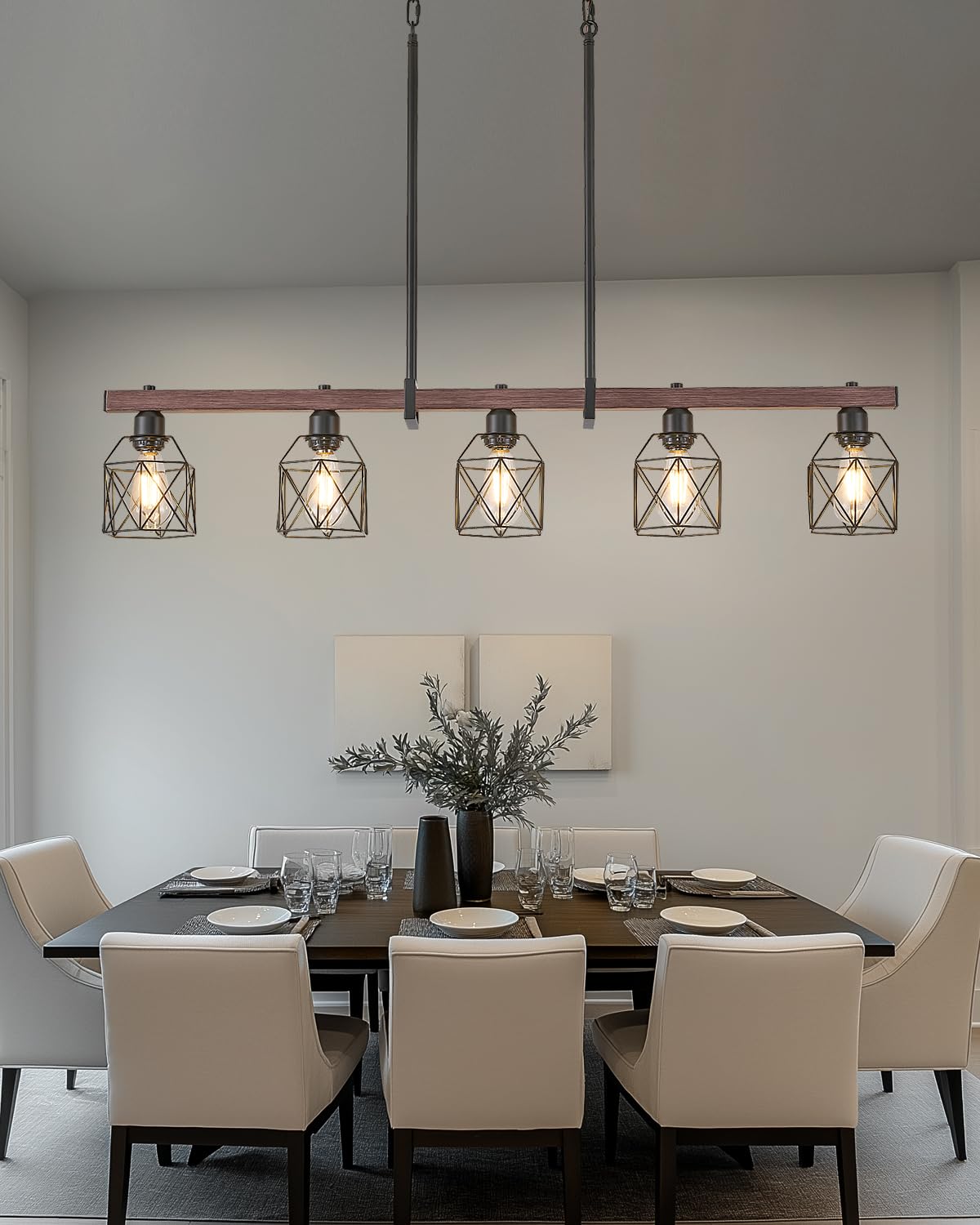 5-Light Industrial Kitchen Island Lighting with Wood Grain Bar and Black Metal Cage, Farmhouse Rustic Hanging Ceiling Lamp for Dining Room, Living Room