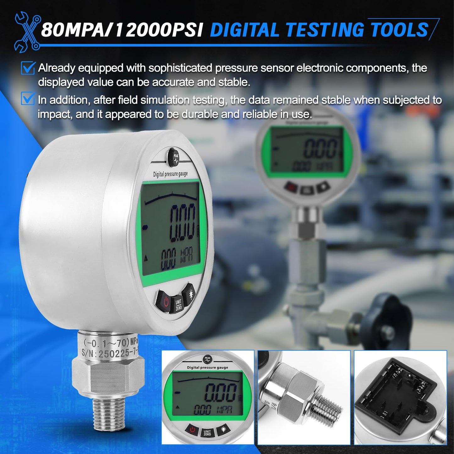 SINOCMP Digital Pressure Gauge Kit with 2 80MPA/12000PSI Pressure Gauges 3 Test Hoses and 12 Couplings Hydraulic Gas Water Pressure Test Kit with Backlight, 1 Year Warranty