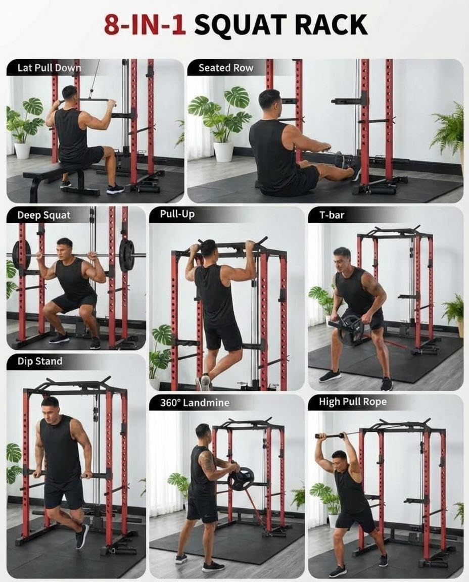 ExploreHorizon All-in-1 Power Cage with Pulley System, 1200LBS Multi-Functional Squat Rack for Home Gym, Weight Cage Includes LAT Pulldown, Dip Bars and More Attachments