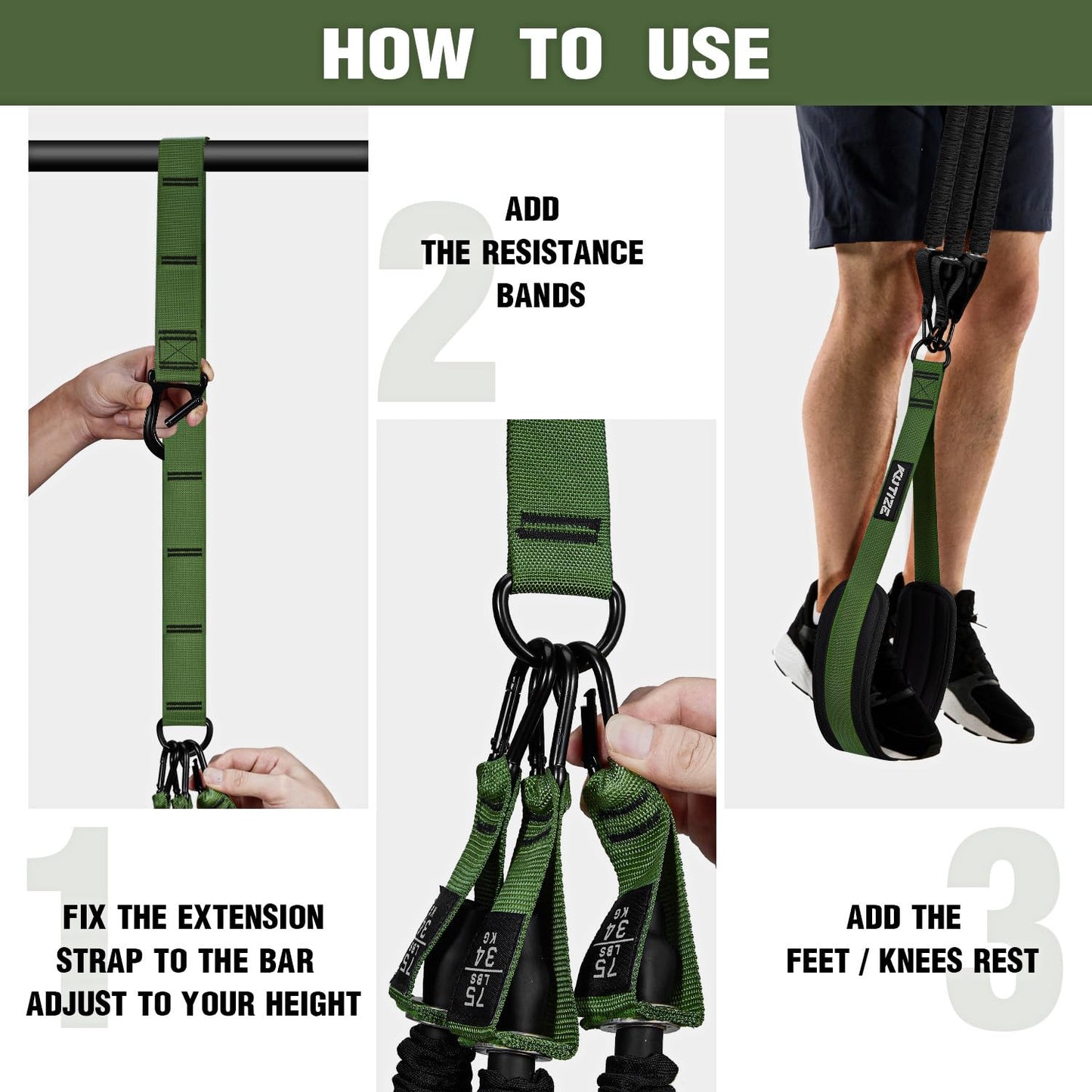 KUTIZE Pull Up Assistance Bands, 3 Adjustable Heavy Duty Pull Up Assist System with Comfortable Foot Strap, Professional Pull Up Bar Bands for Beginners & Muscle Training, Home Gym Workout Equipment