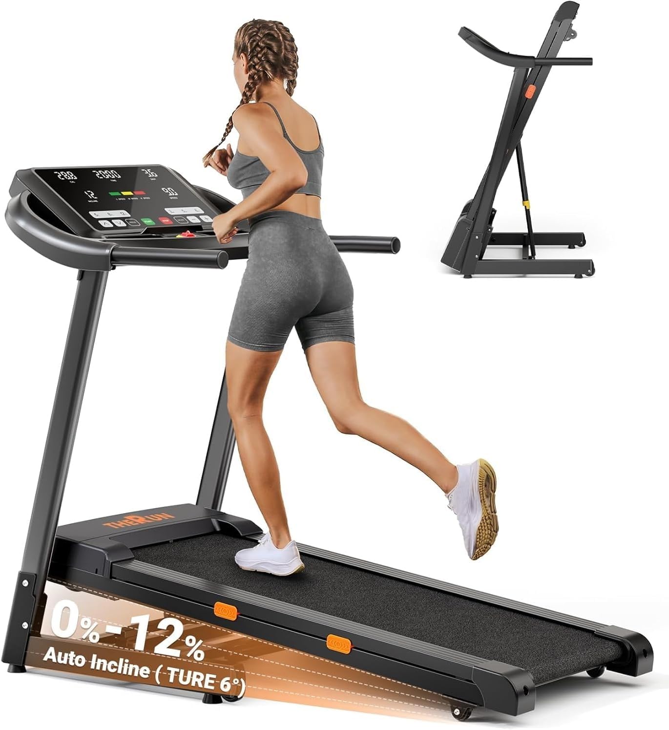 THERUN Incline Treadmill, 0-12% Auto Incline Treadmill for Running and Walking, 300 lbs Weight Capacity, Wide Belt,3.0HP,18" LED Screen, 2 Layers Shock-Absorbing