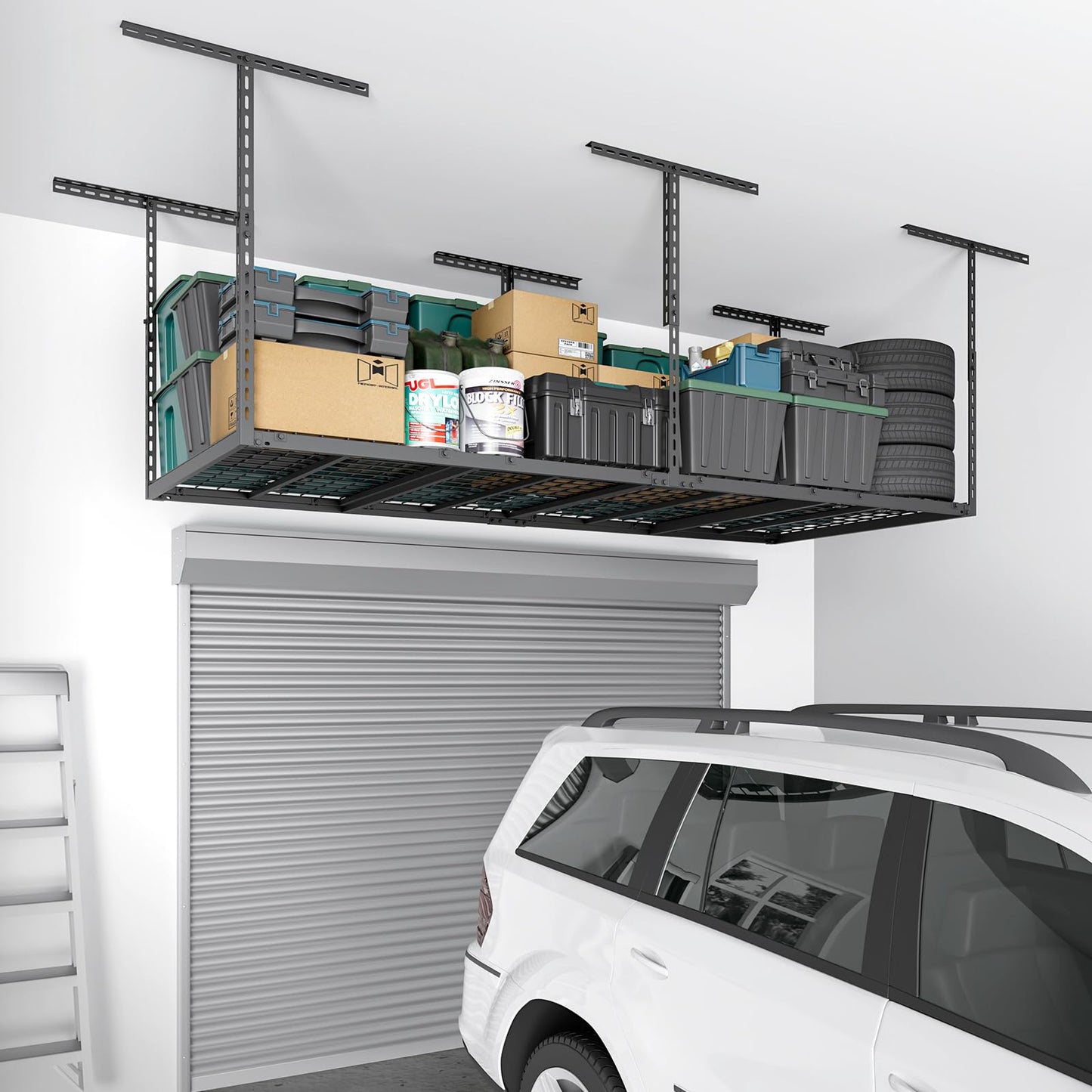 TOPIRON 3x8 FT Overhead Garage Storage Rack, 26"-40" Height Adjustable Heavy Duty Garage Ceiling Storage Rack, 750LBS Capacity Metal Hanging Organizer System for Garage