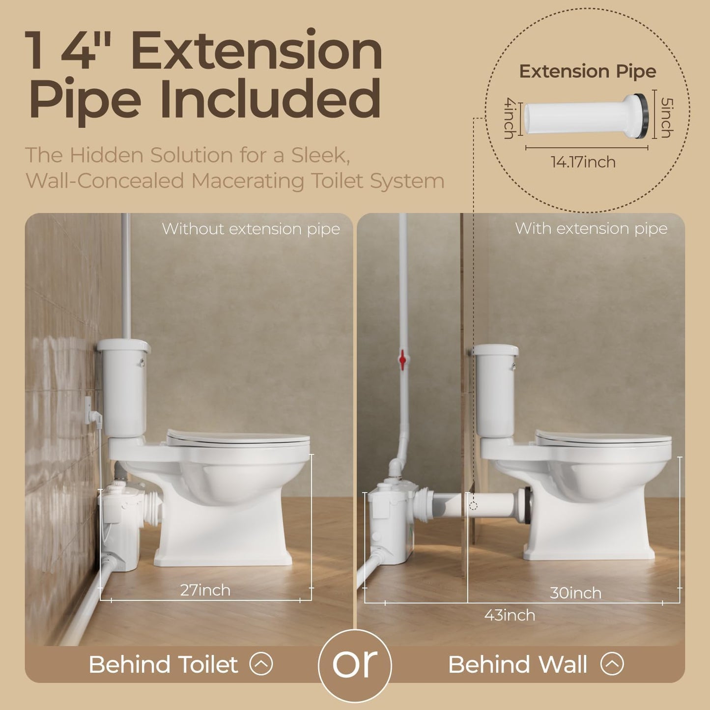 Macerating Toilet with Pump–Upflush Toilet System for Basement/Attic, 4 Water Inlets & AC Vent, 36ft Vertical Lift, Dual Flush, Easy Install,17.7" Elongated Bowl
