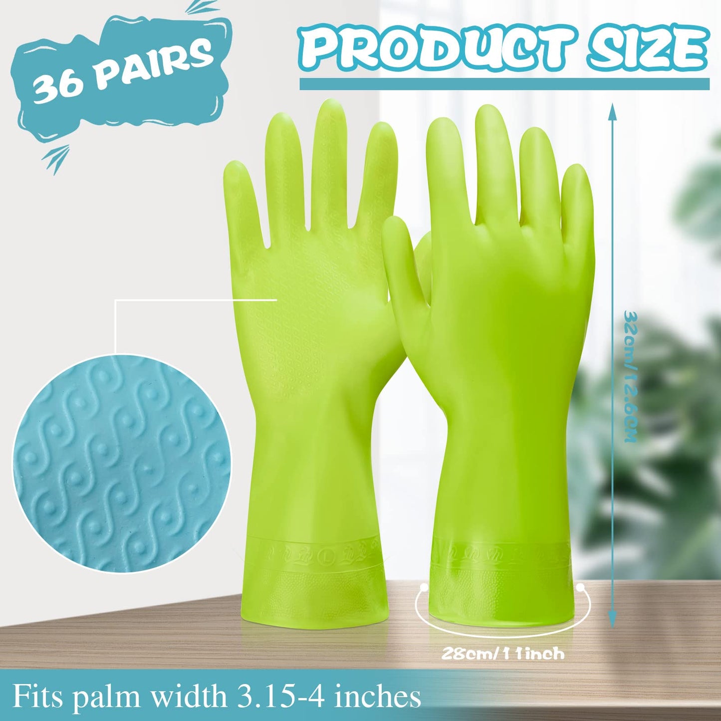 Gandeer 36 Pairs Blue Rubber Reusable Gloves Long Household Dishwashing Gloves Kitchen Cleaning for Dishes Clean Gardening (L,Pink,Green)
