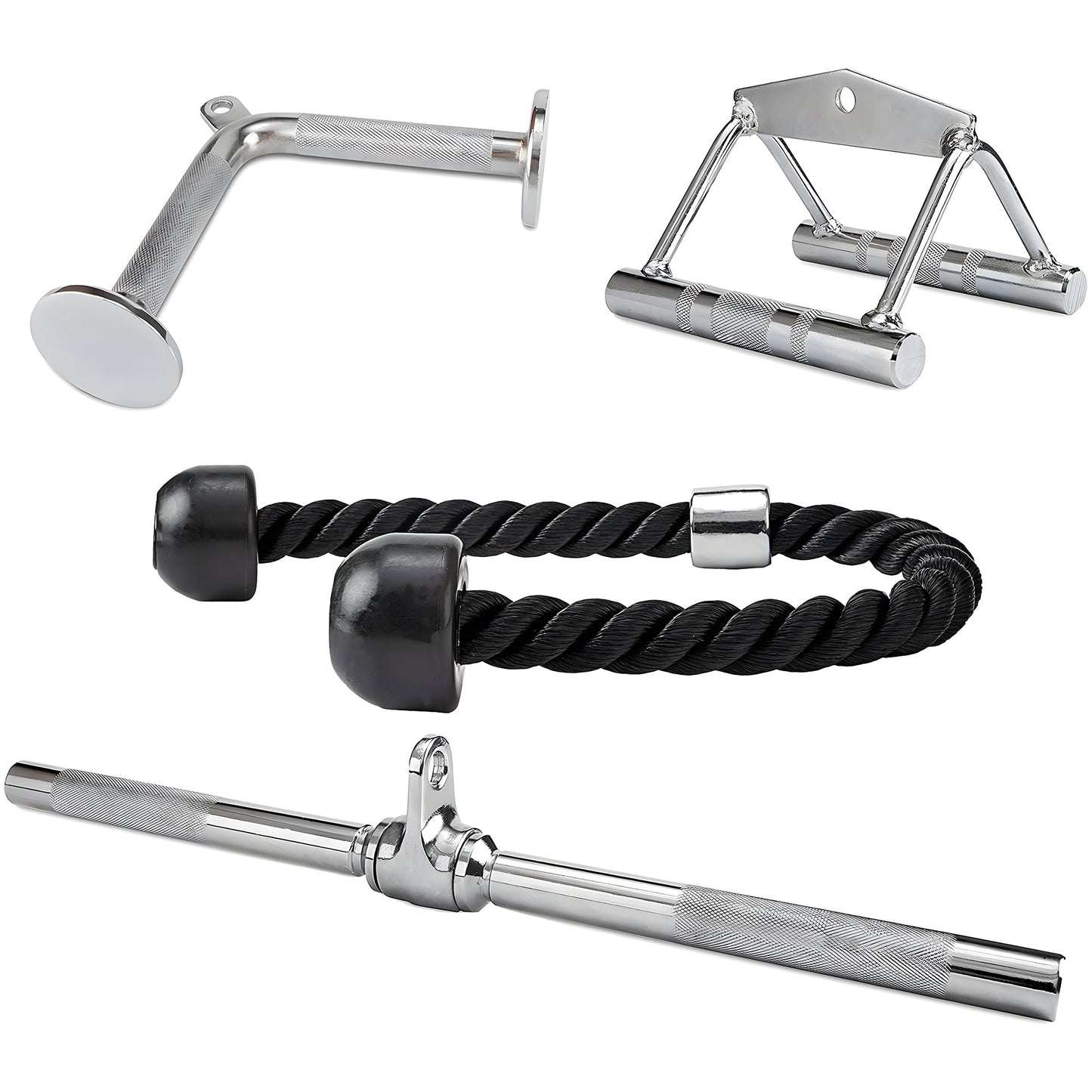 Fitvids Cable Machine Attachment – Tricep LAT Pull Down Cable Attachment for Gym – 4-Piece Set-Chrome – Chrome