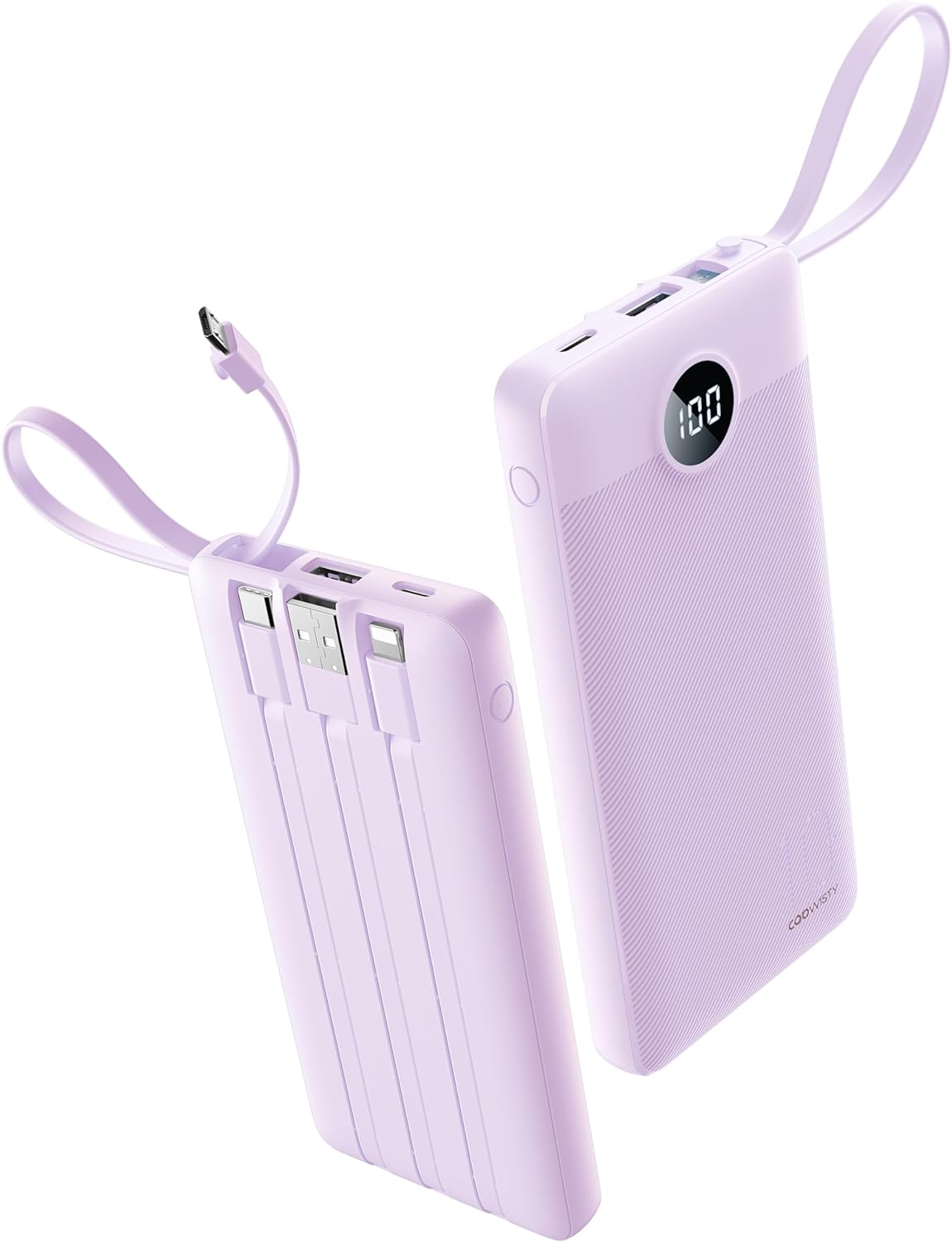 Coowisty 10000mAh Pack 5 2 Portable Charger with Built-in Cable, Slim USB C Power Bank, External Battery Outputs Inputs