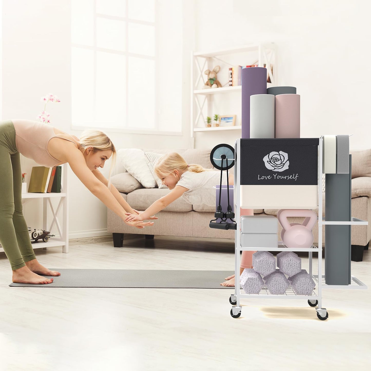 Yoga Mat Storage Rack，Home Gym Storage Rack Gym Workout Equipment Storage Organizer on Wheels for Yoga Mat,Yoga Block,Foam Roller,Resistance Band,Dumbbell,Kettlebell (White)